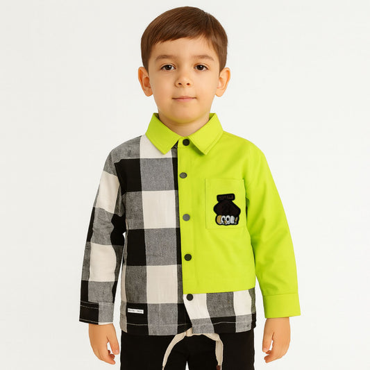 COOLEST Boys Colorblock Check Shirt | Ages 3–12 Years | Color Options: Black, Orange & Neon Green