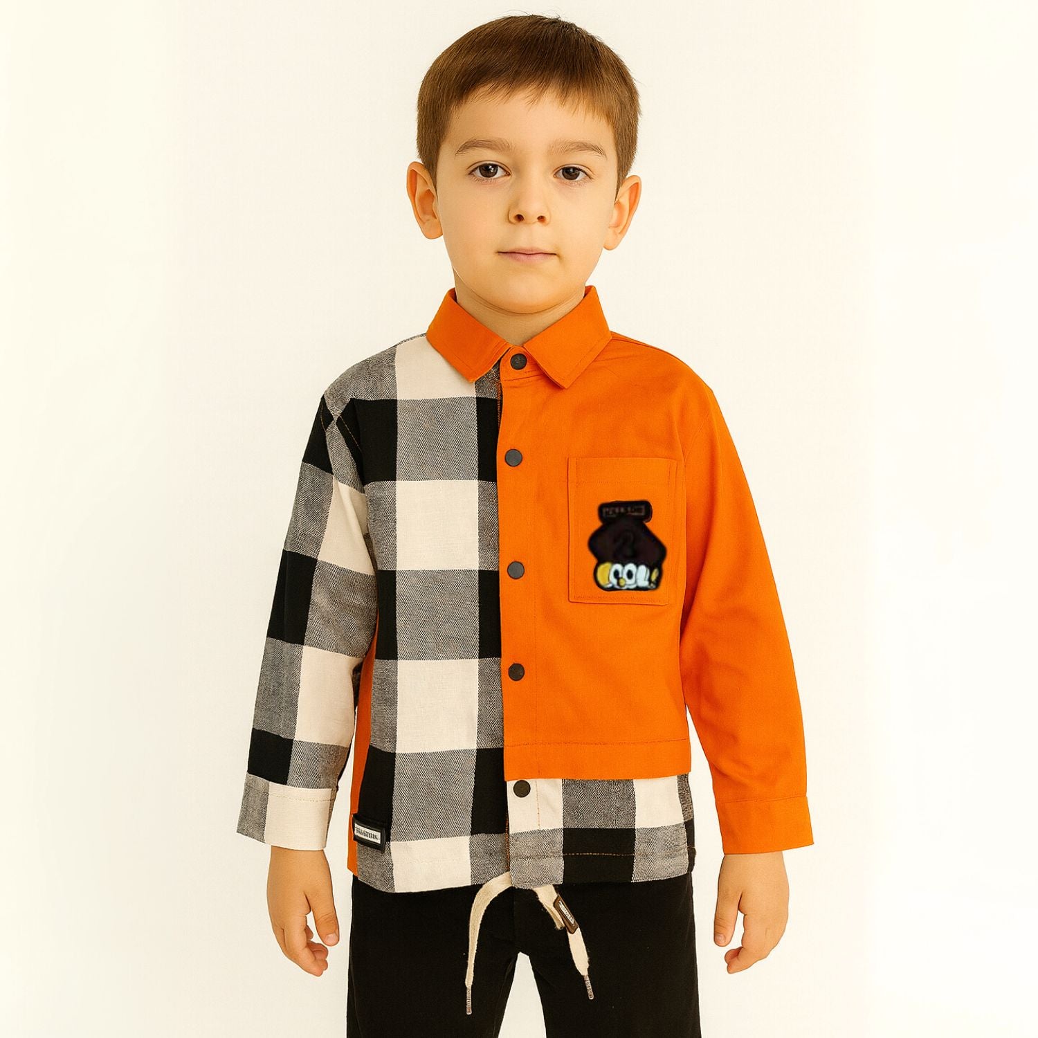 COOLEST Boys Colorblock Check Shirt | Ages 3–12 Years | Color Options: Black, Orange & Neon Green