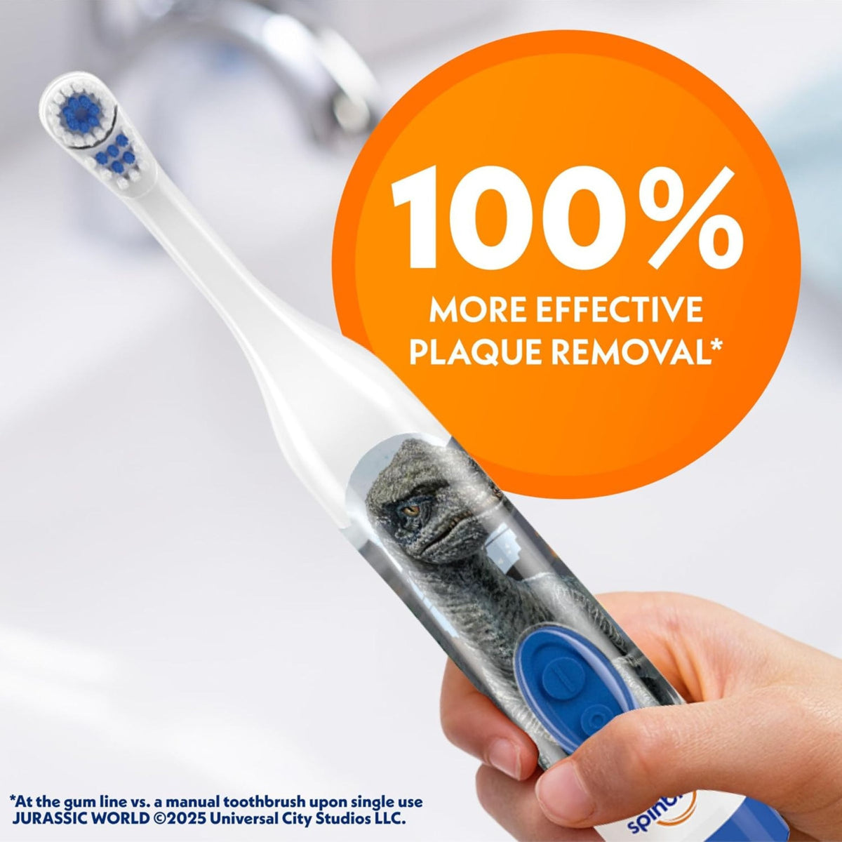 Close-up of Jurassic World Spinbrush kids powered toothbrush