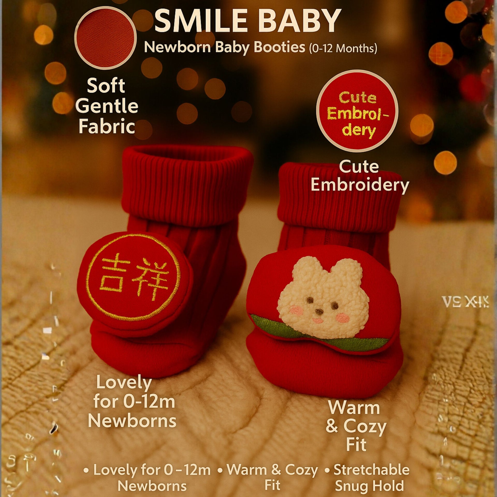 SMILE BABY Newborn Baby Booties | Soft Cotton Booties with Cute Embroidery | Warm & Comfortable Crib Shoes for Infants (0–12 Months) | Red