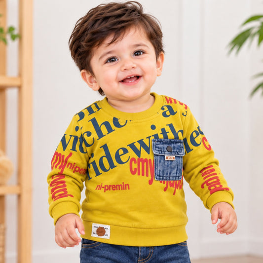 GUSTO boys mustard yellow printed sweatshirt front view