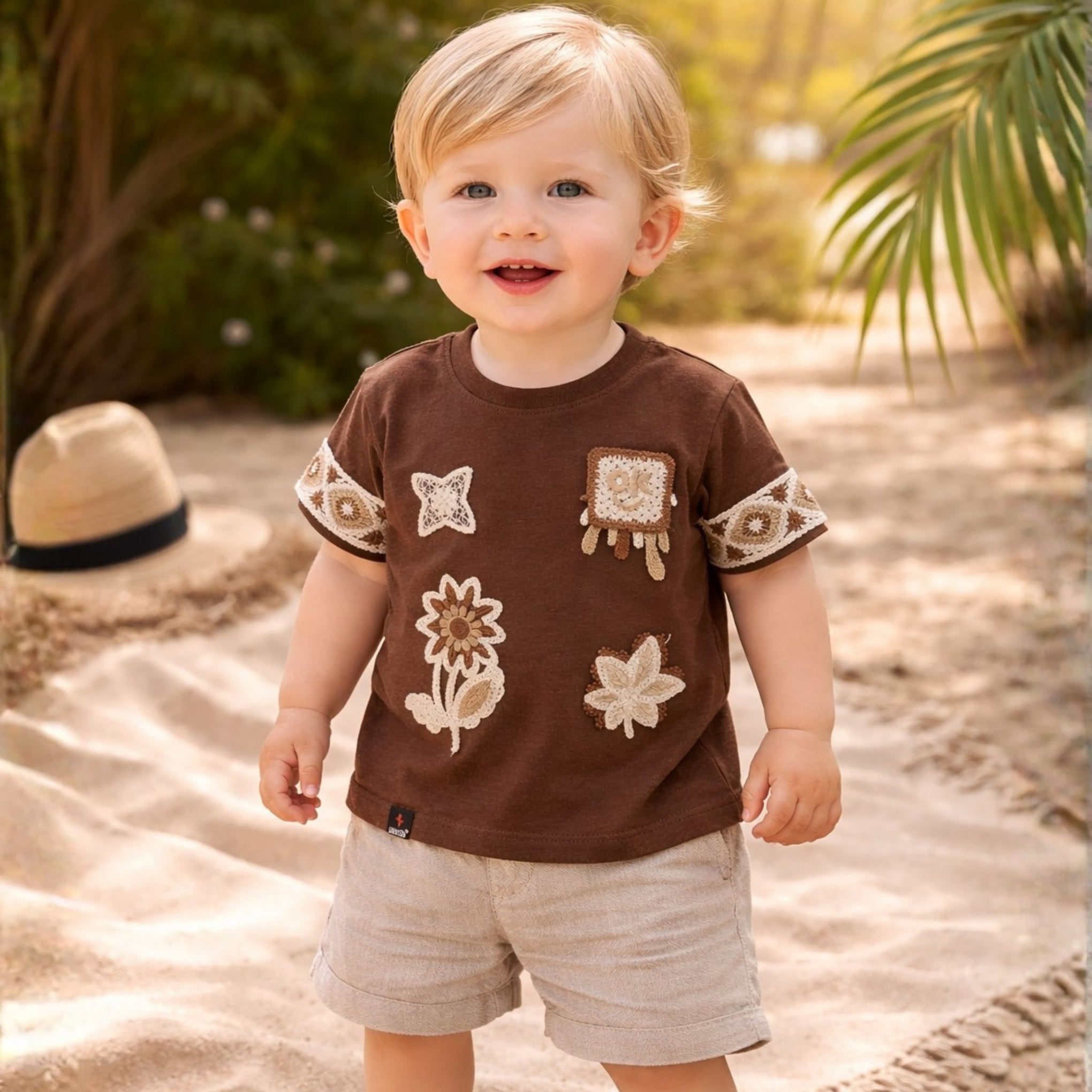 UNIKON Boys Brown Cotton T-Shirt with Crochet Patch Design | Stylish Half Sleeve Casual Tee (4Y–12Y)