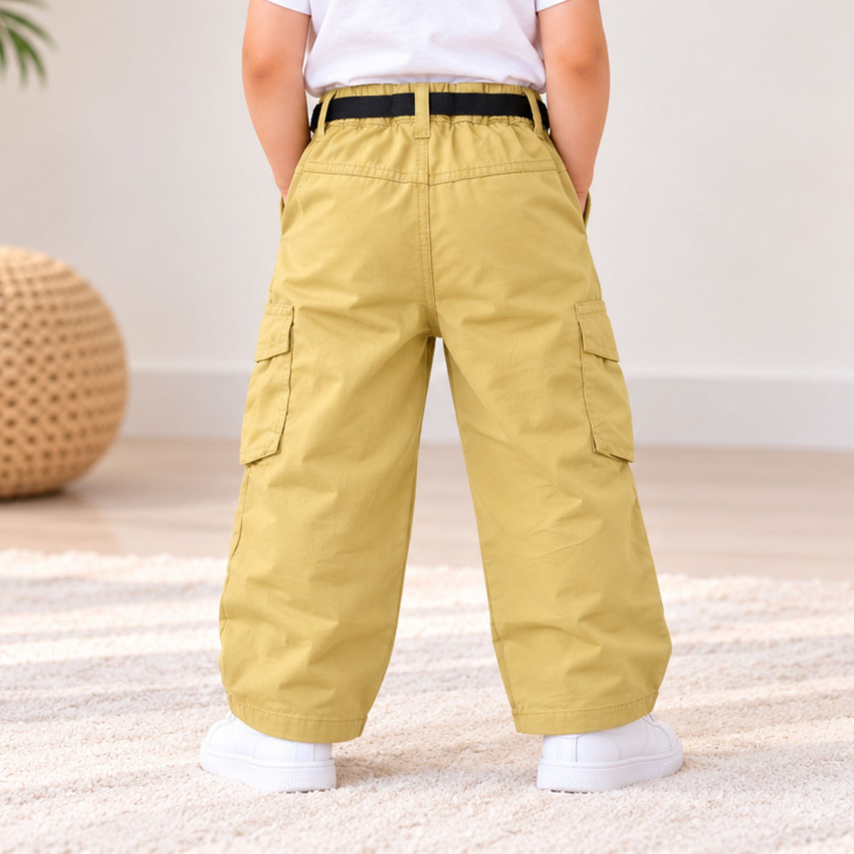Yellow kids cargo pants front view