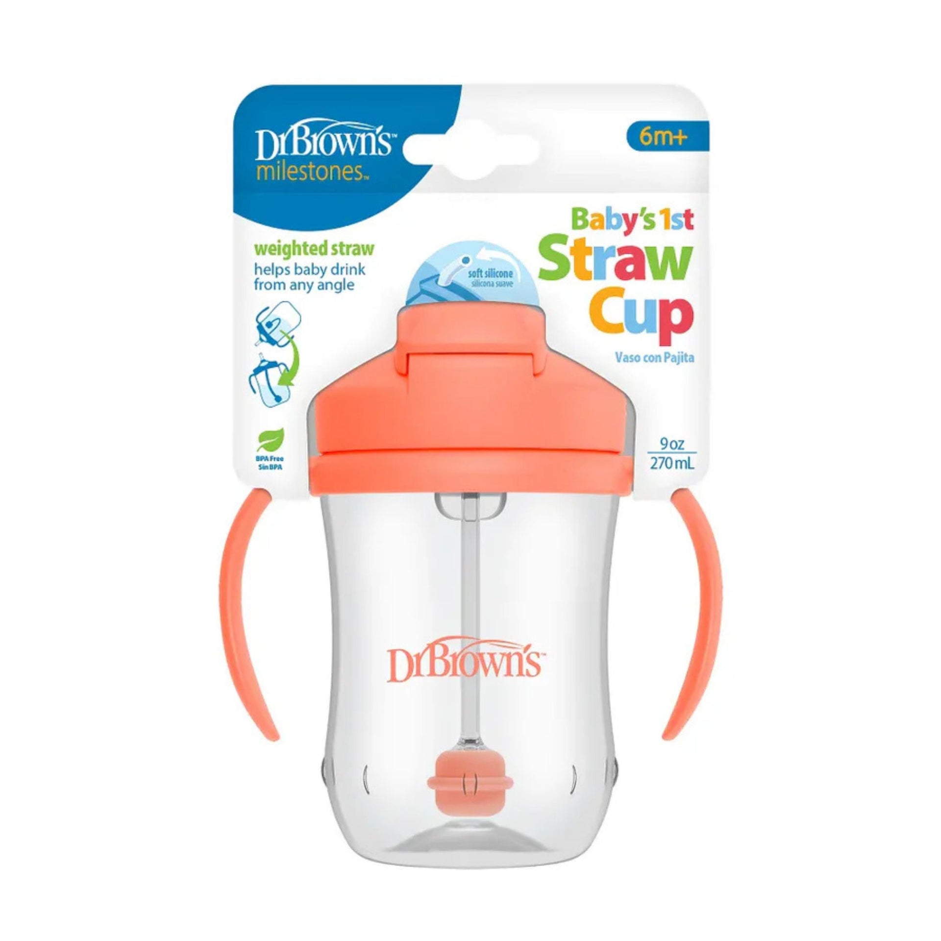 Dr. Brown's Milestones Baby's 1st Weighted Straw Cup 270ml | Spill-Proof Training Cup with Soft Silicone Weighted Straw & Handles | BPA-Free | 6+ Months