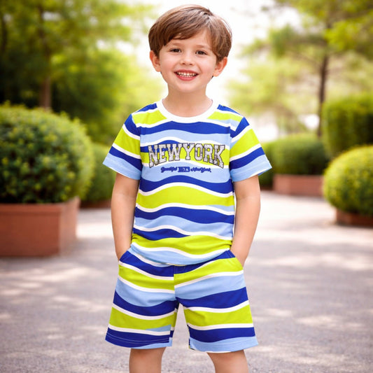 Red Sound Boys New York Printed Striped T-Shirt & Shorts Set | Summer Co-Ord Outfit (4Y–12Y)