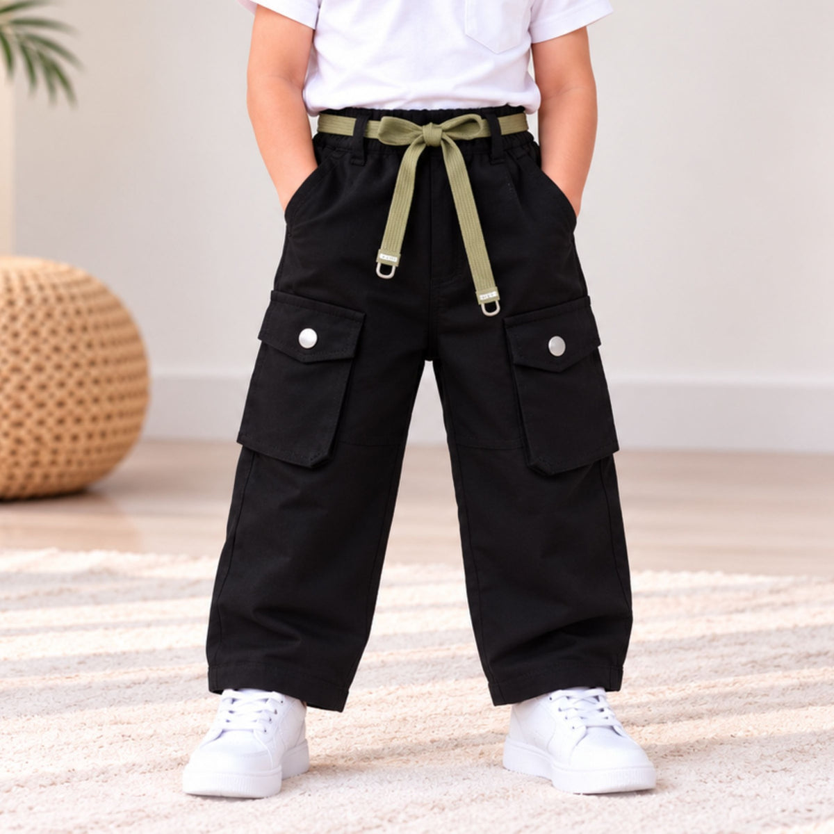 Black kids cargo pants front view