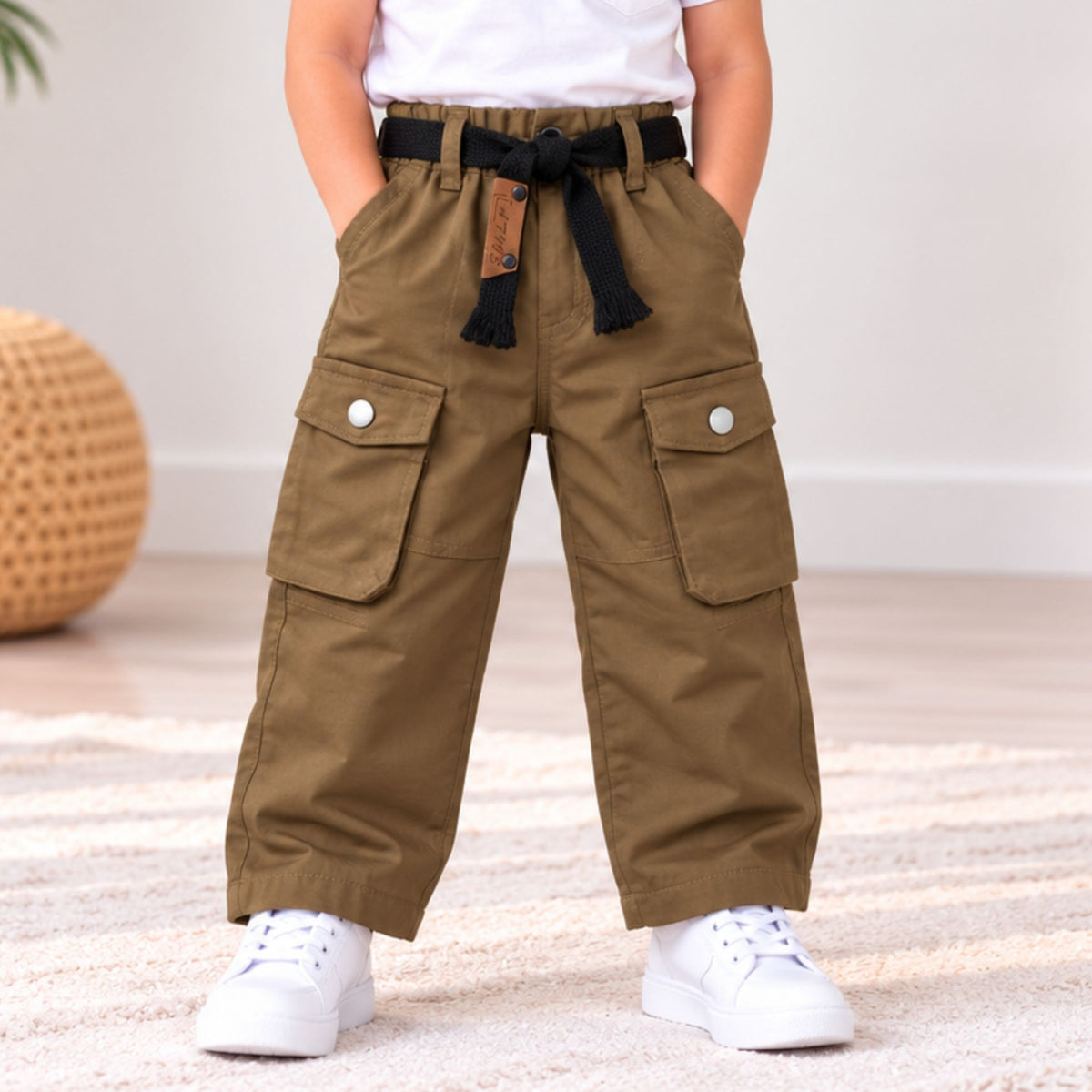 Fawn brown kids cargo pants front view