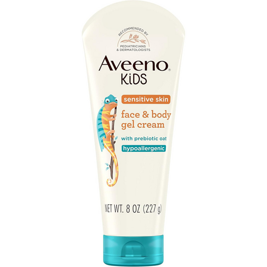 Aveeno Baby Sensitive Skin Face & Body Gel Cream for Kids with Prebiotic Oat, Clinically Proven 24 Hour Hydration for Soft Skin, Quick Drying and Lightweight, Hypoallergenic, 8 oz