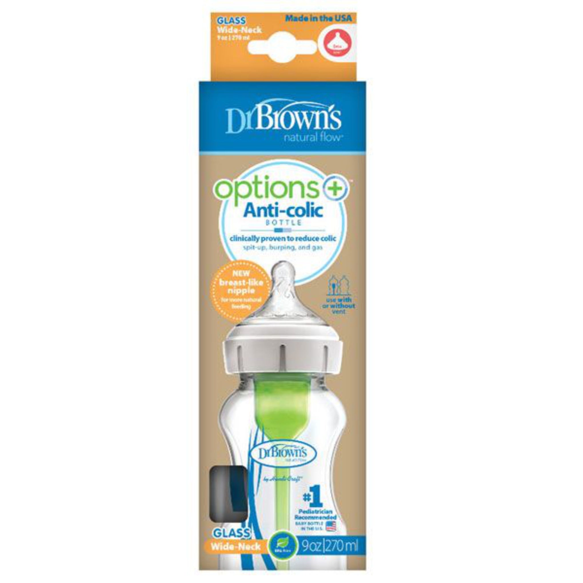 Dr. Brown's Natural Flow Anti-Colic Options+ Wide-Neck Glass Baby Bottle 9 oz/270 mL,with Level 1 Slow Flow Nipple,1 Pack,0m+