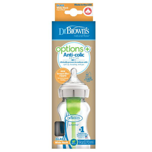 Dr. Brown's Natural Flow Anti-Colic Options+ Wide-Neck Glass Baby Bottle 9 oz/270 mL,with Level 1 Slow Flow Nipple,1 Pack,0m+