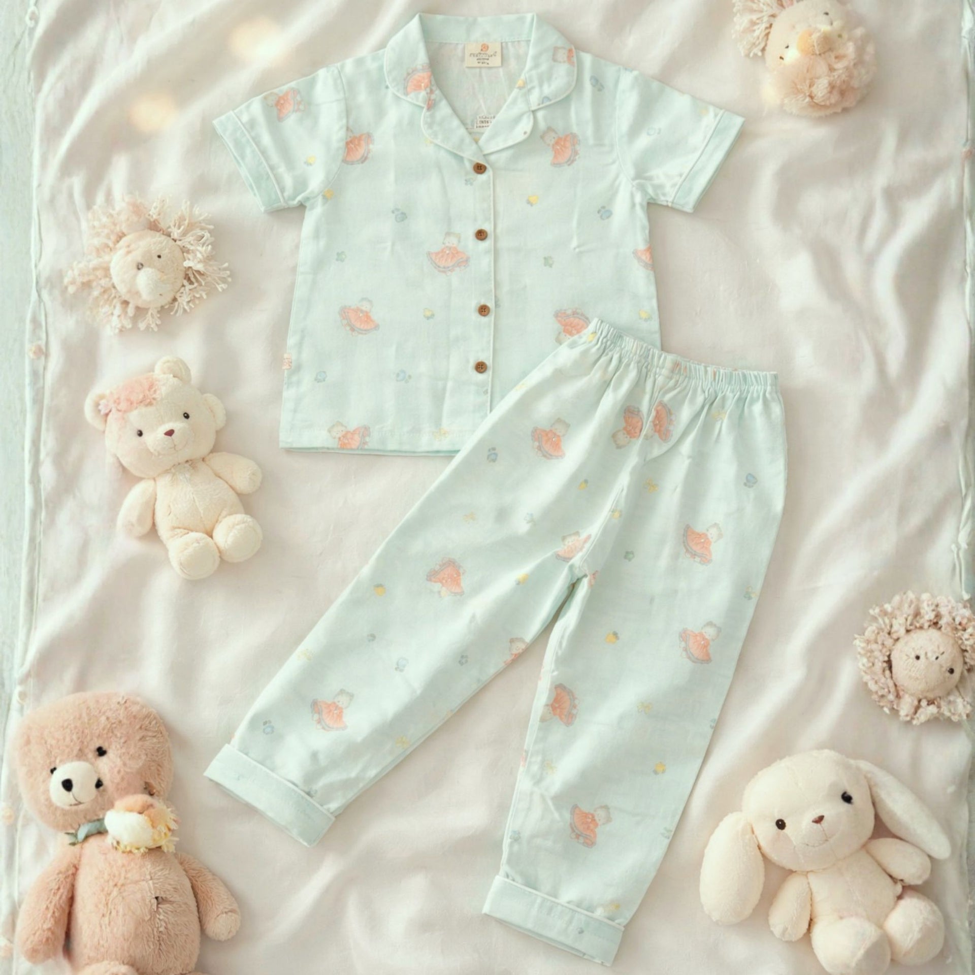 NUM NUM Baby Girls Green Printed Cotton Night Suit Set | Soft Half Sleeve Shirt & Pyjama | 9M to 3Y