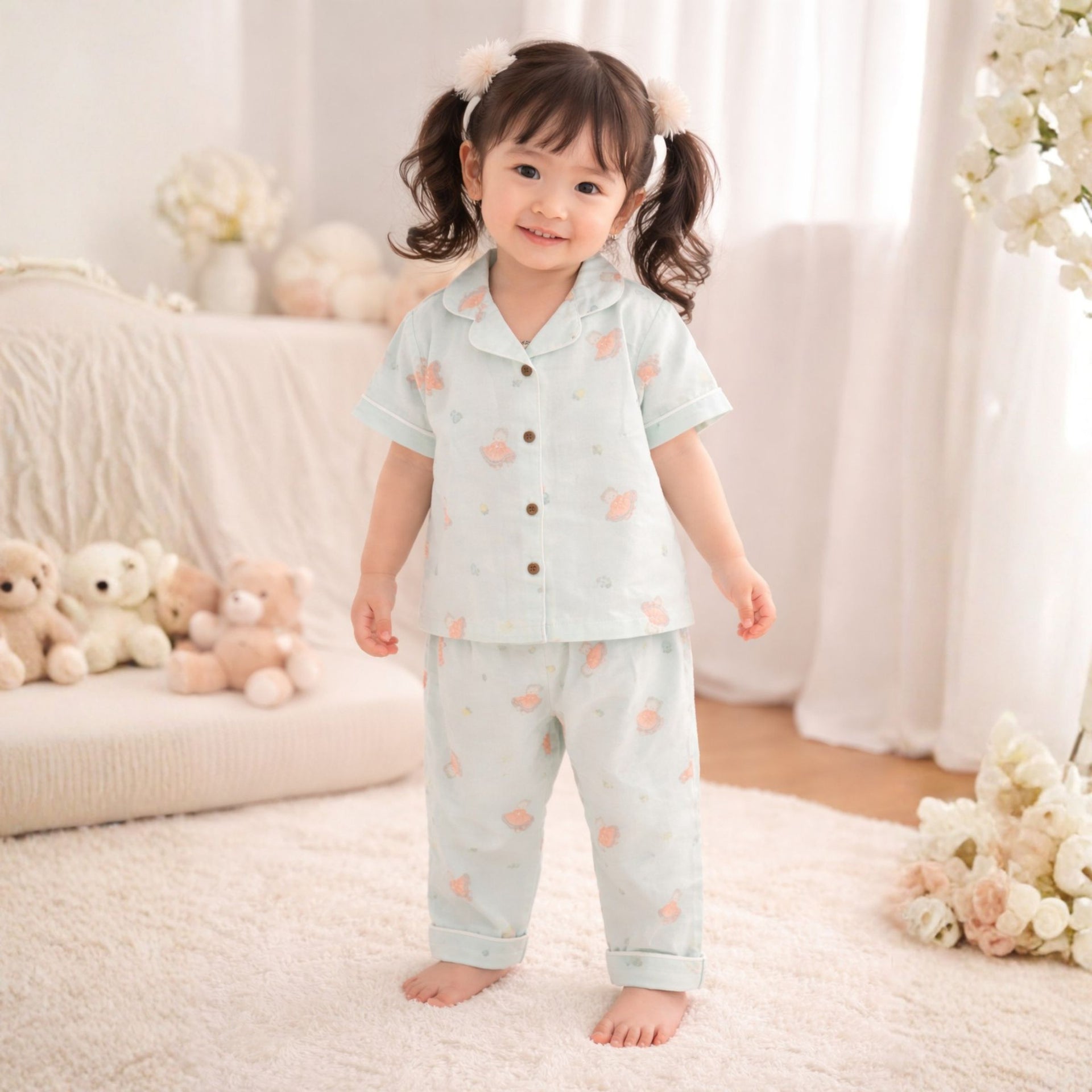 NUM NUM Baby Girls Green Printed Cotton Night Suit Set | Soft Half Sleeve Shirt & Pyjama | 9M to 3Y