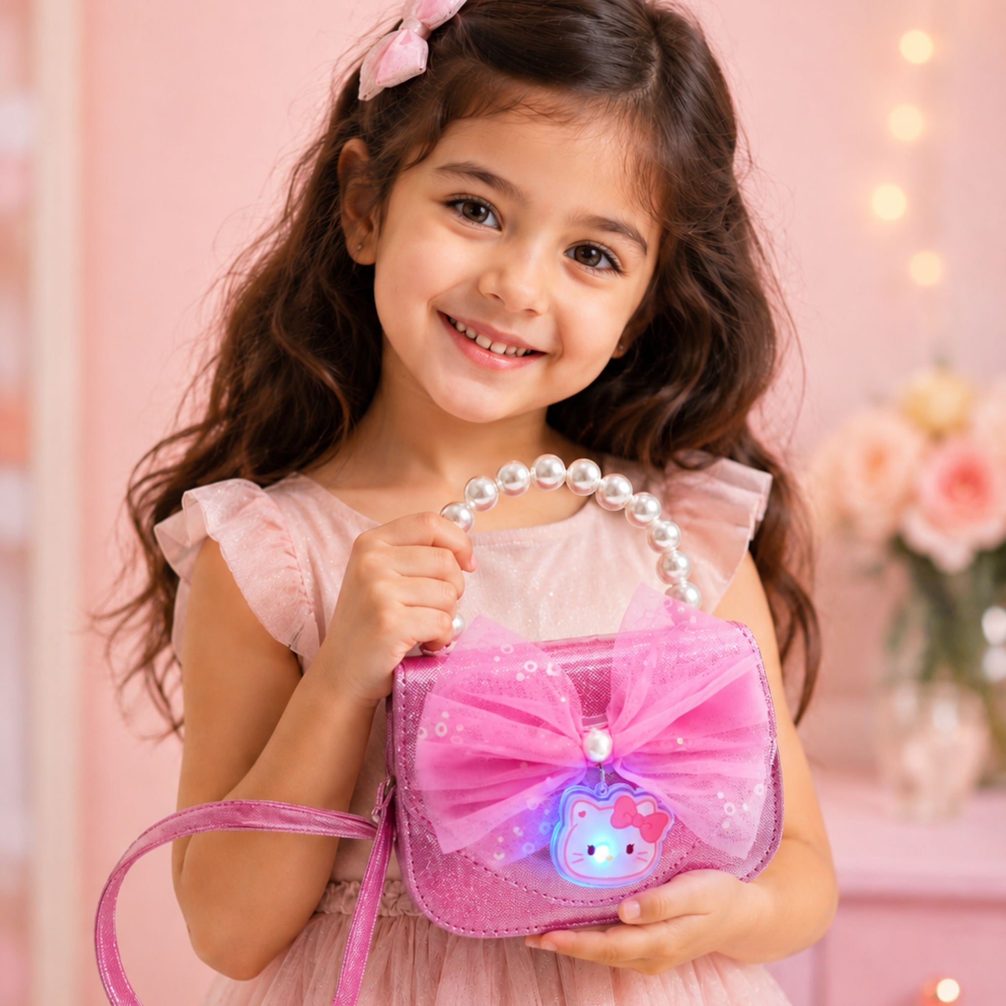 SMILE BABY Girls Glitter Pearl Handle Purse with LED Kitty Charm – Cute Mini Sling Bag for Kids
