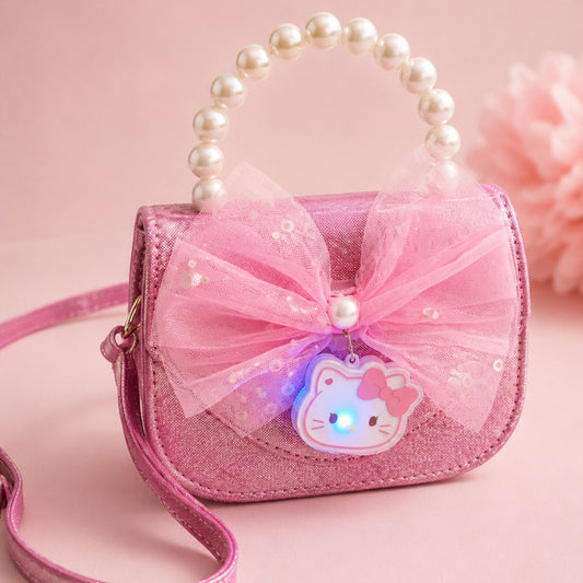 SMILE BABY Cute Pink Pearl Handle Sling Purse for Girls – Glitter Bow Mini Handbag with LED Kitty Charm