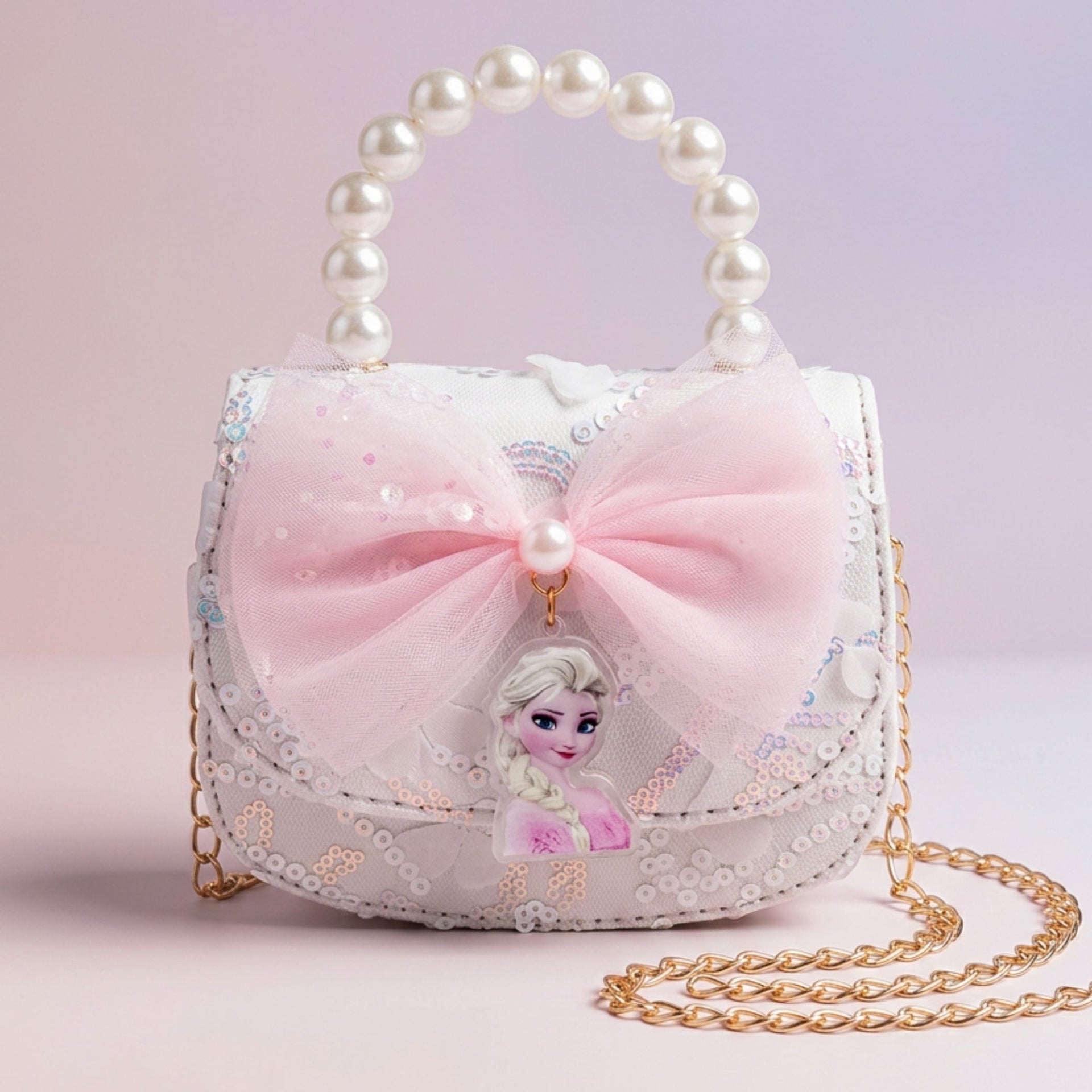 SMILE BABY Girls Pearl Handle Sling Purse with Bow & Chain Strap – Cute Princess Mini Handbag for Kids