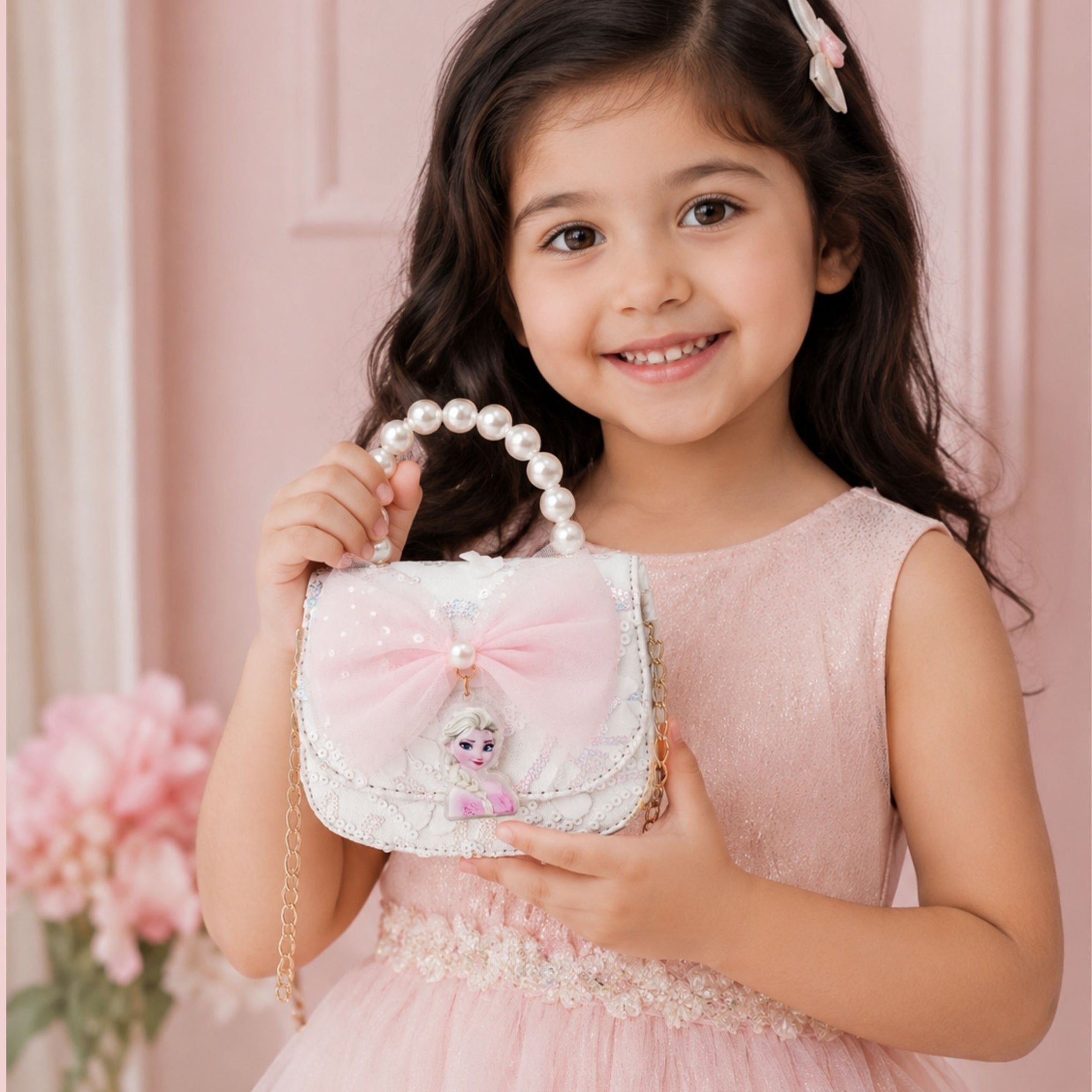 SMILE BABY Girls Pearl Handle Sling Purse with Bow & Chain Strap – Cute Princess Mini Handbag for Kids