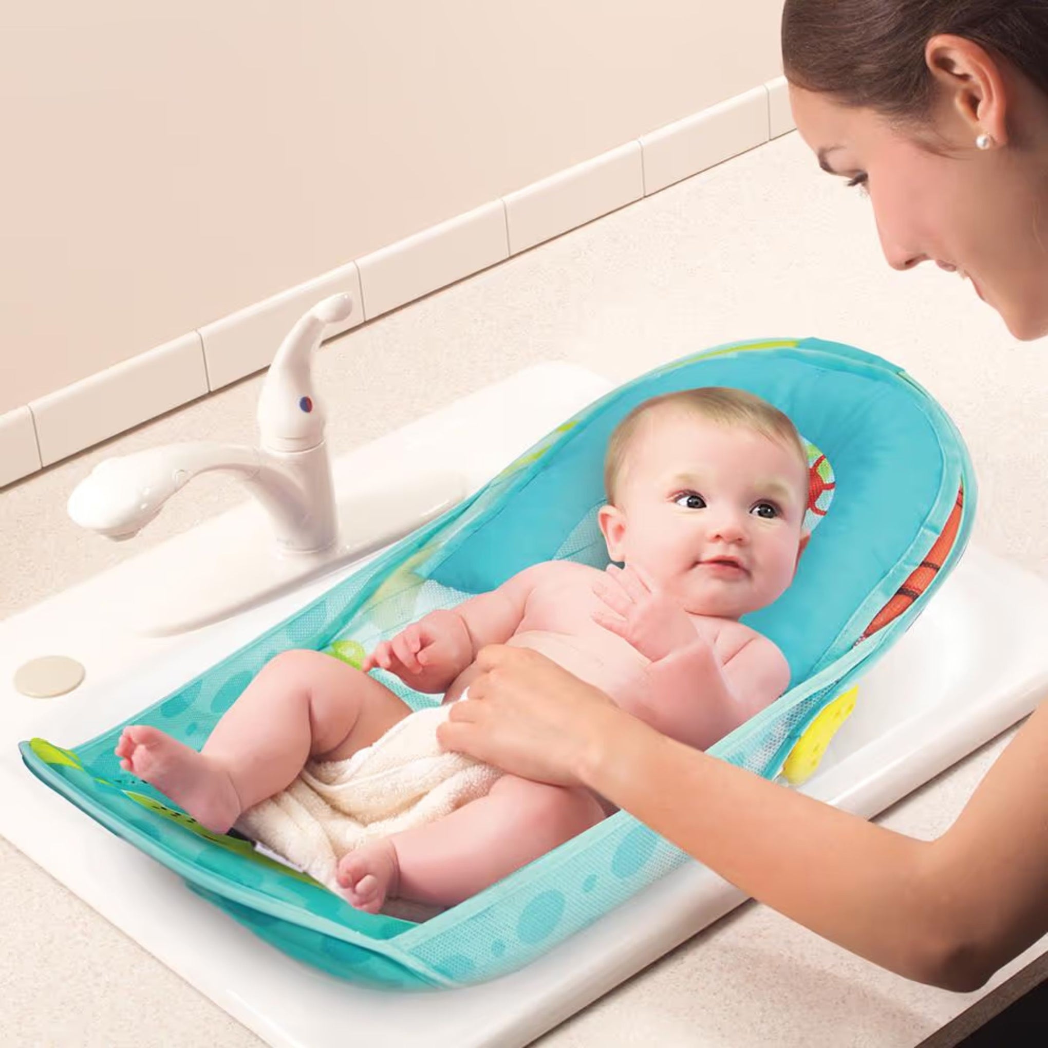 Mastela Foldable Baby Bath Bather | Anti-Slip Mesh Bath Support Seat for Newborns & Infants | 3-Position Recline | Birth to 6 Months