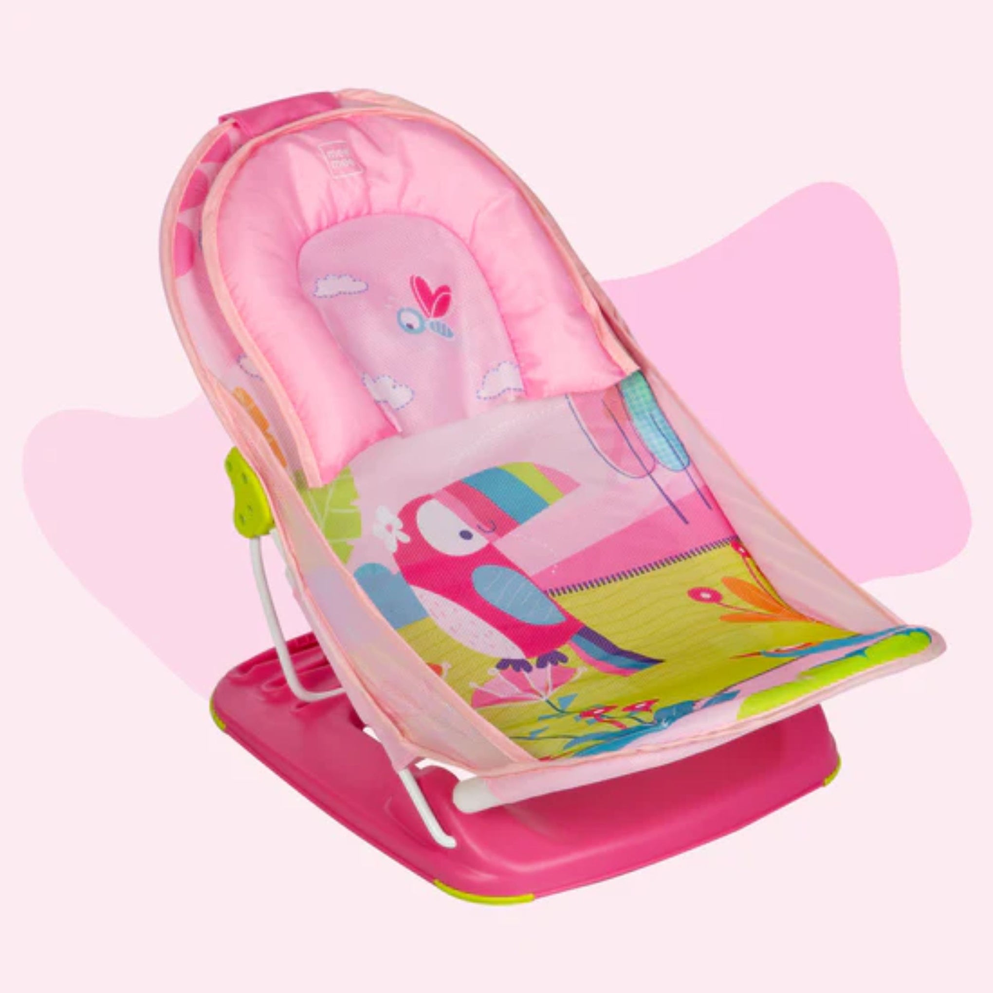 mustela Baby Bather with 3-Level Adjustable Backrest, Soft Mesh Sling, Padded Head Support, Anti-Skid Base & Foldable Design | 0-36 Months | Pink