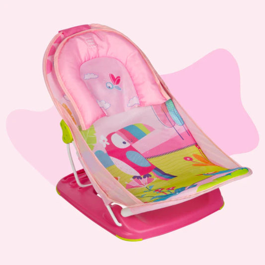 mustela Baby Bather with 3-Level Adjustable Backrest, Soft Mesh Sling, Padded Head Support, Anti-Skid Base & Foldable Design | 0-36 Months | Pink