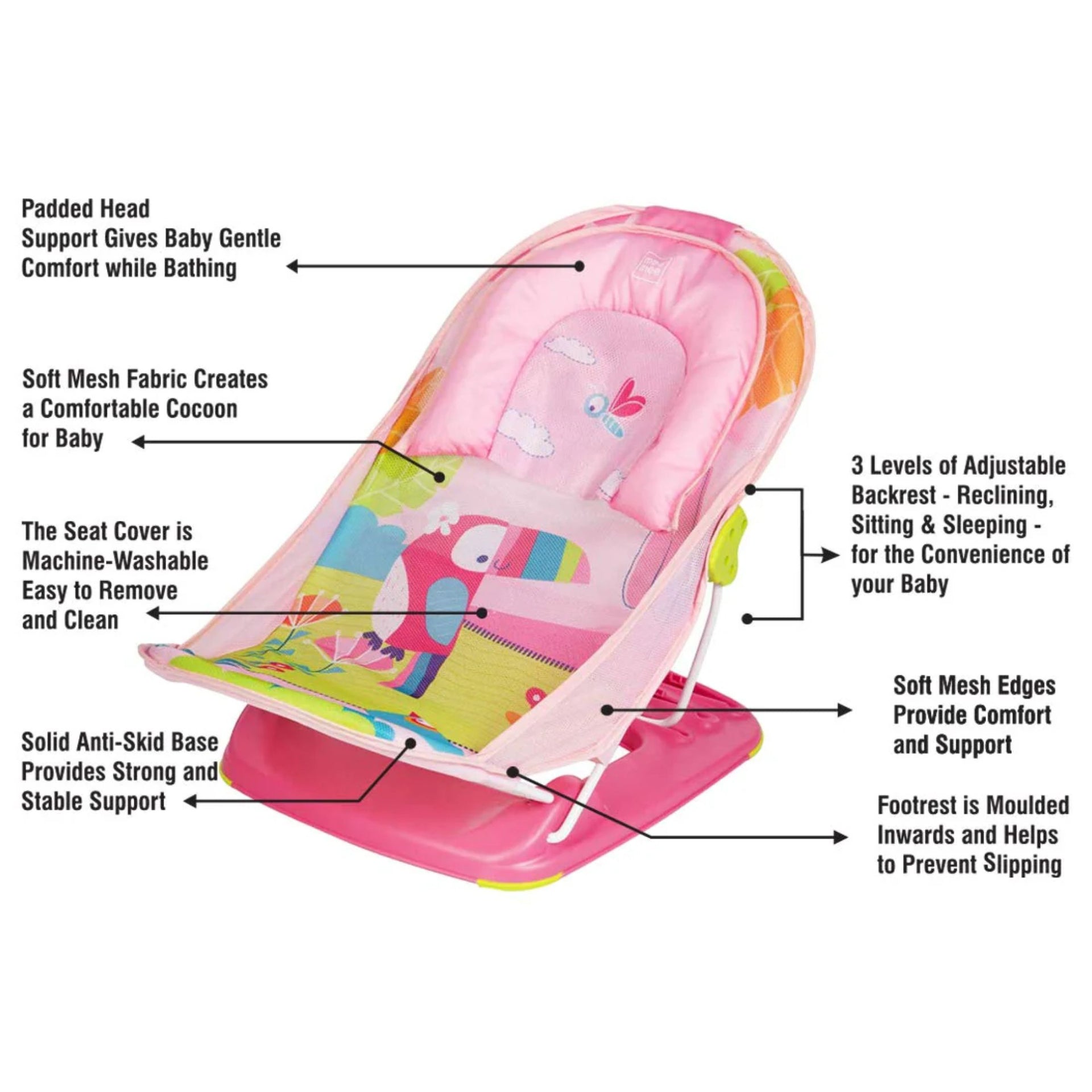 mustela Baby Bather with 3-Level Adjustable Backrest, Soft Mesh Sling, Padded Head Support, Anti-Skid Base & Foldable Design | 0-36 Months | Pink