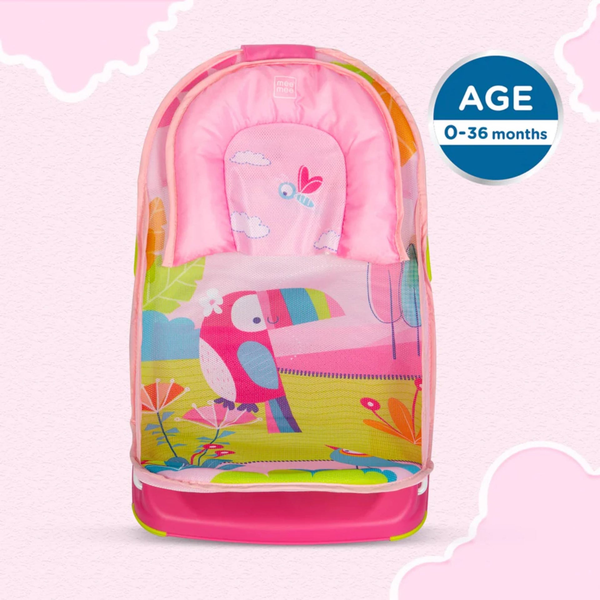 mustela Baby Bather with 3-Level Adjustable Backrest, Soft Mesh Sling, Padded Head Support, Anti-Skid Base & Foldable Design | 0-36 Months | Pink