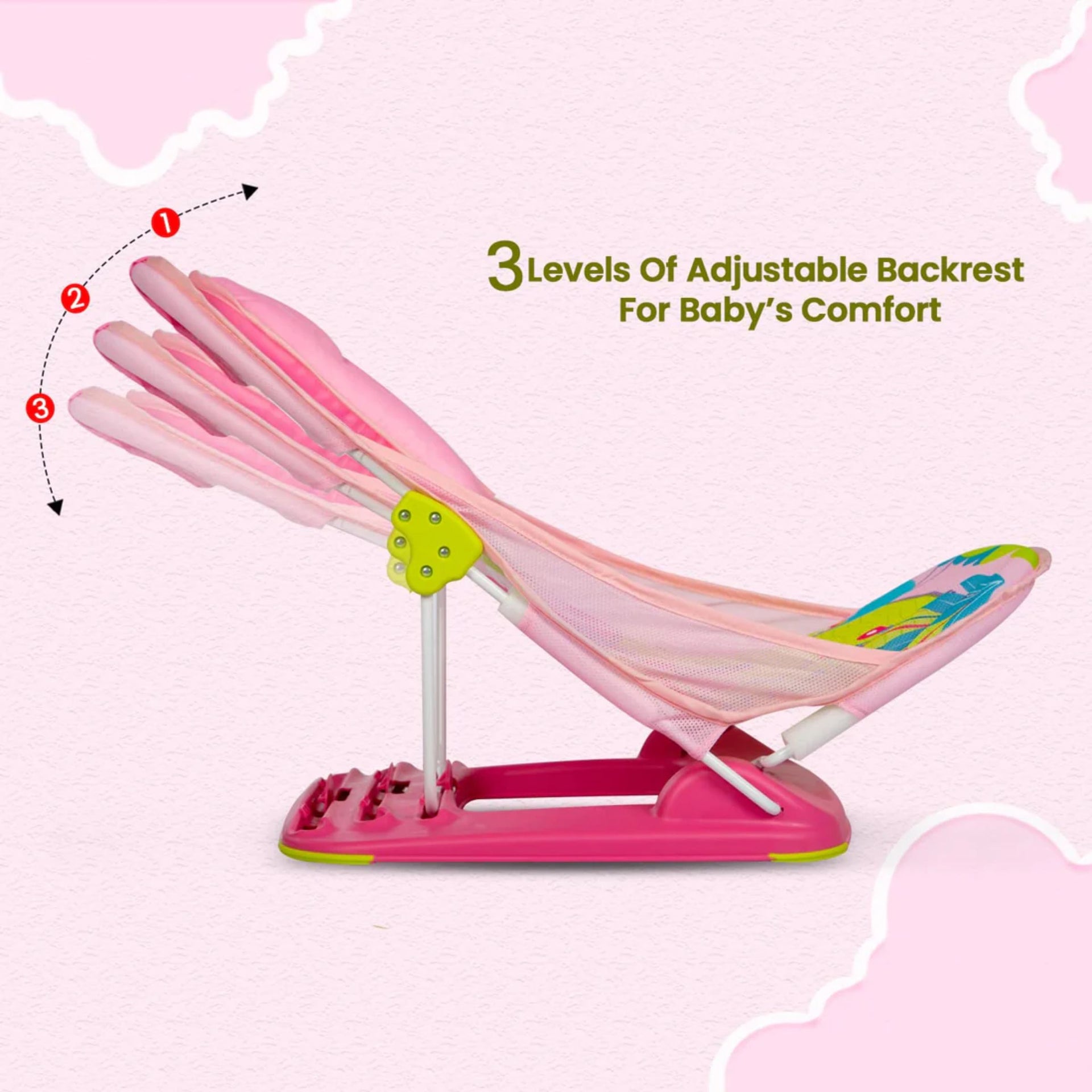 mustela Baby Bather with 3-Level Adjustable Backrest, Soft Mesh Sling, Padded Head Support, Anti-Skid Base & Foldable Design | 0-36 Months | Pink