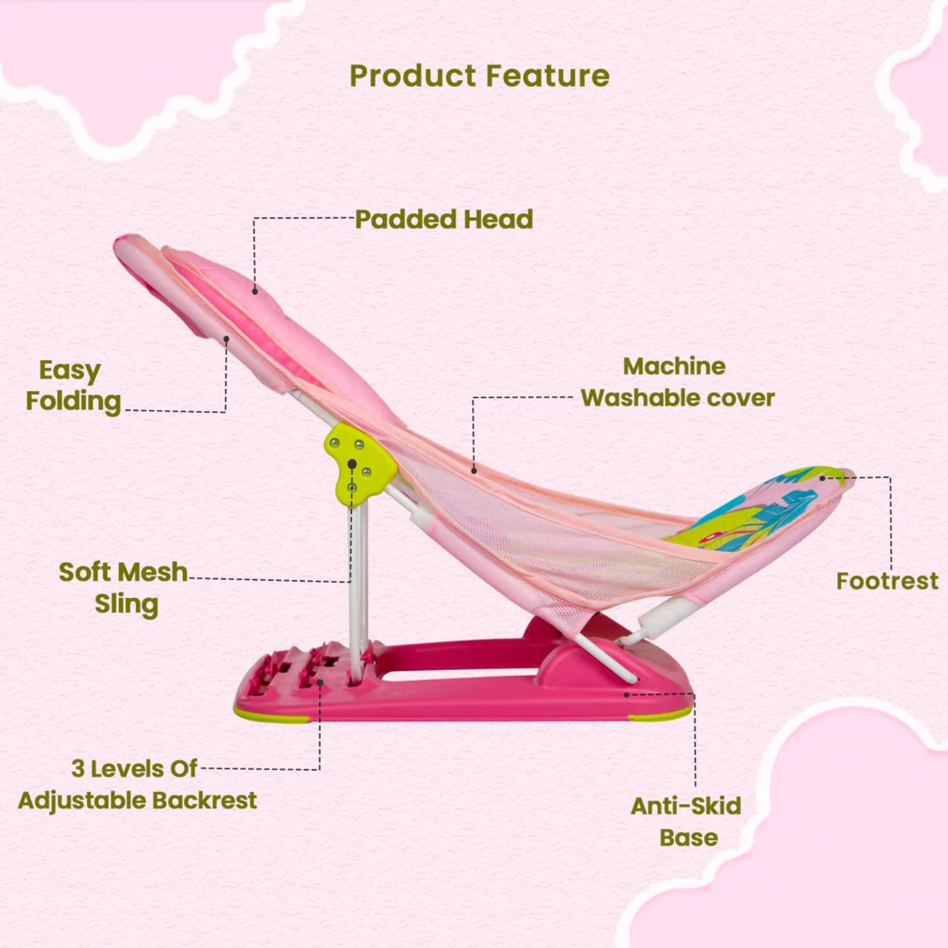 mustela Baby Bather with 3-Level Adjustable Backrest, Soft Mesh Sling, Padded Head Support, Anti-Skid Base & Foldable Design | 0-36 Months | Pink