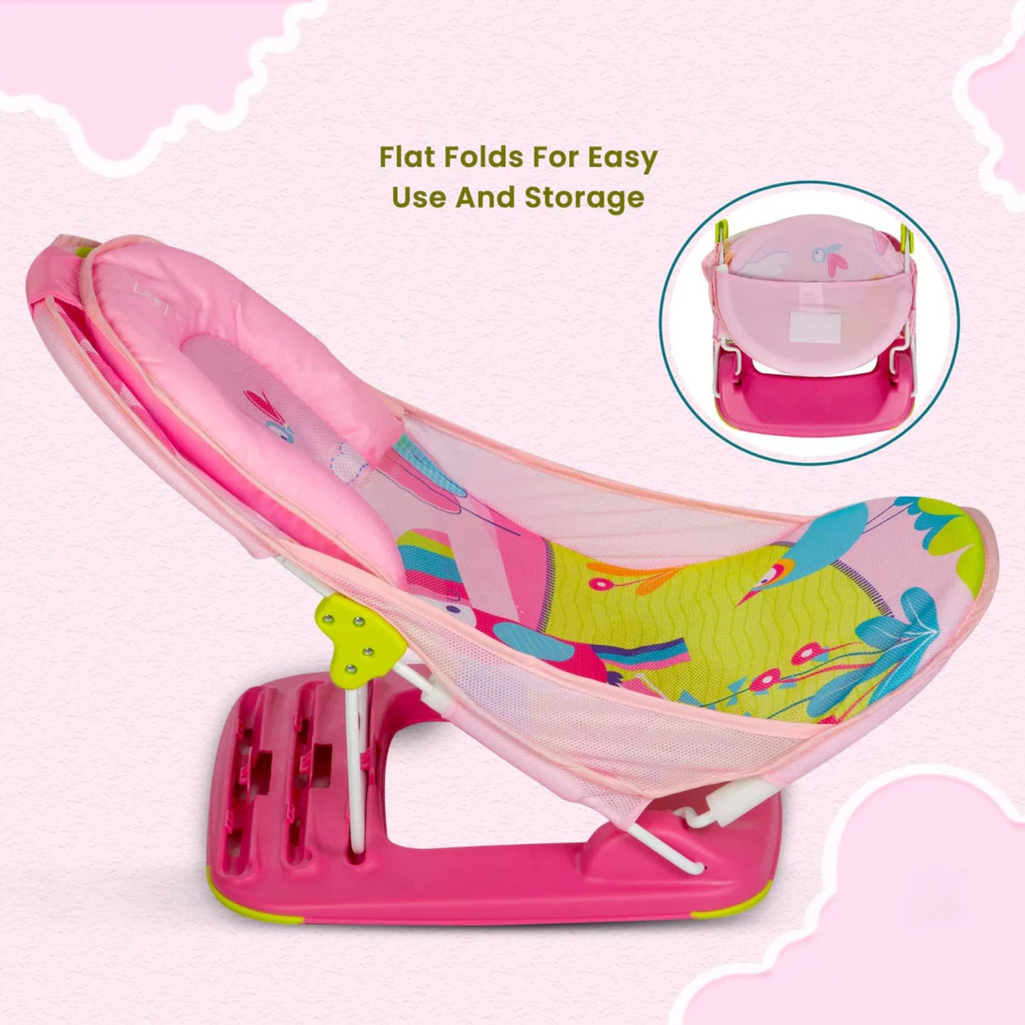 mustela Baby Bather with 3-Level Adjustable Backrest, Soft Mesh Sling, Padded Head Support, Anti-Skid Base & Foldable Design | 0-36 Months | Pink