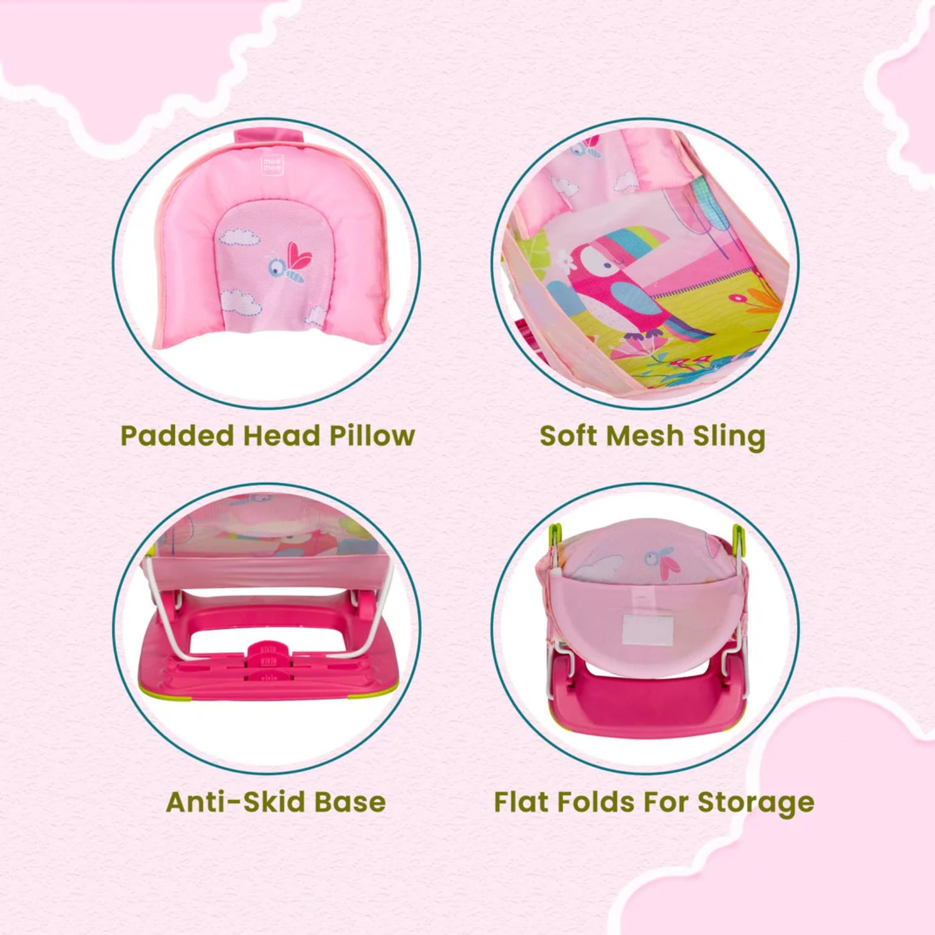 mustela Baby Bather with 3-Level Adjustable Backrest, Soft Mesh Sling, Padded Head Support, Anti-Skid Base & Foldable Design | 0-36 Months | Pink
