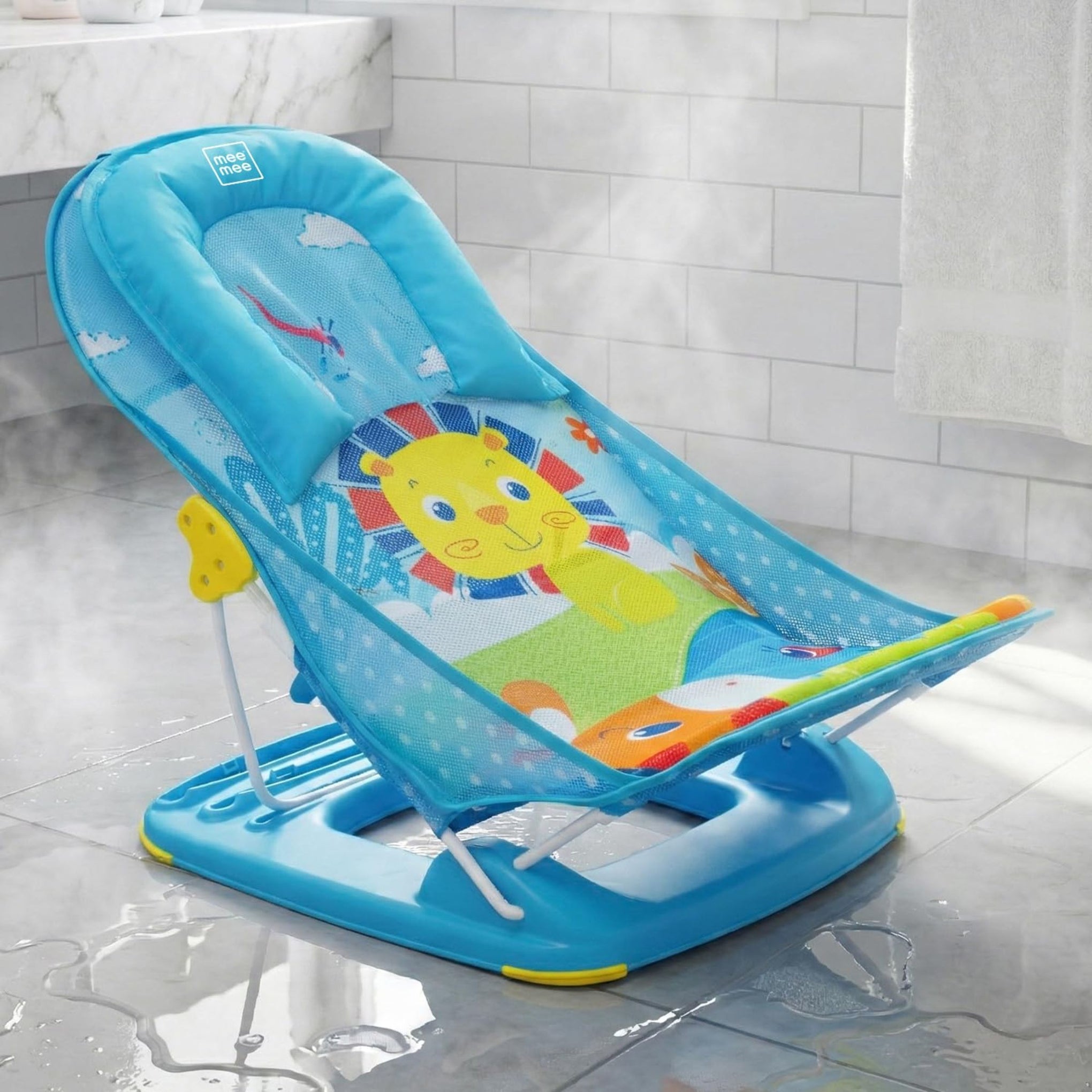 mustela Newborn Baby Bather | Bath Chair for Newborns and Infants 0-12 Months | Foldable | 3 Position Adjustable Chair | Anti-Skid Base | Washable Soft Mesh Seat | Supports Babies Up to 5kg | Blue