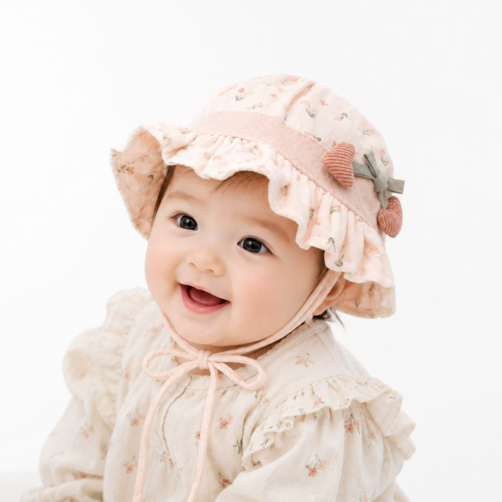 Smile Baby Baby Girls Floral Sun Hat with Heart Bow Detail | Soft Cotton Summer Cap | Adjustable Chin Strap | Pink & Cream