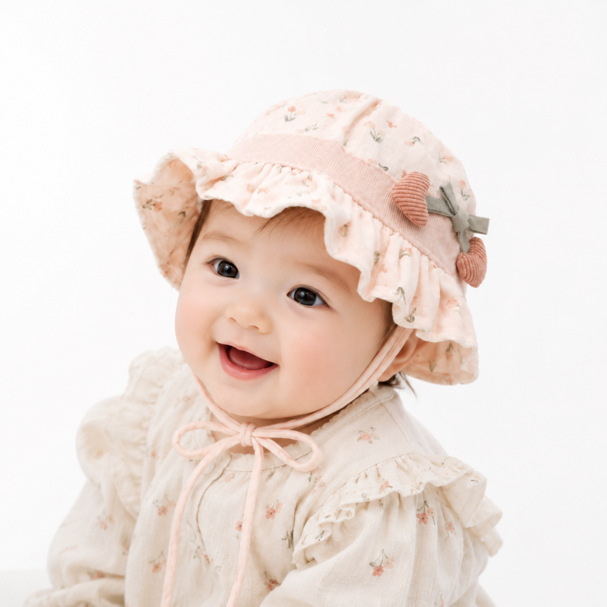 Smile Baby Baby Girls Floral Sun Hat with Heart Bow Detail | Soft Cotton Summer Cap | Adjustable Chin Strap | Pink & Cream