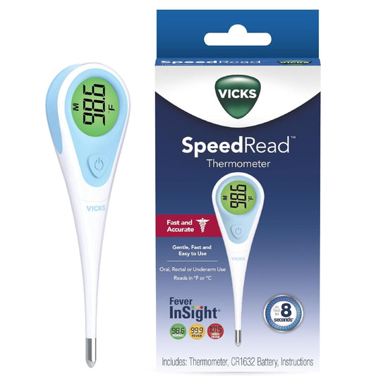 Vicks SpeedRead digital thermometer and original packaging with CR1632 battery and fast accurate reading features
