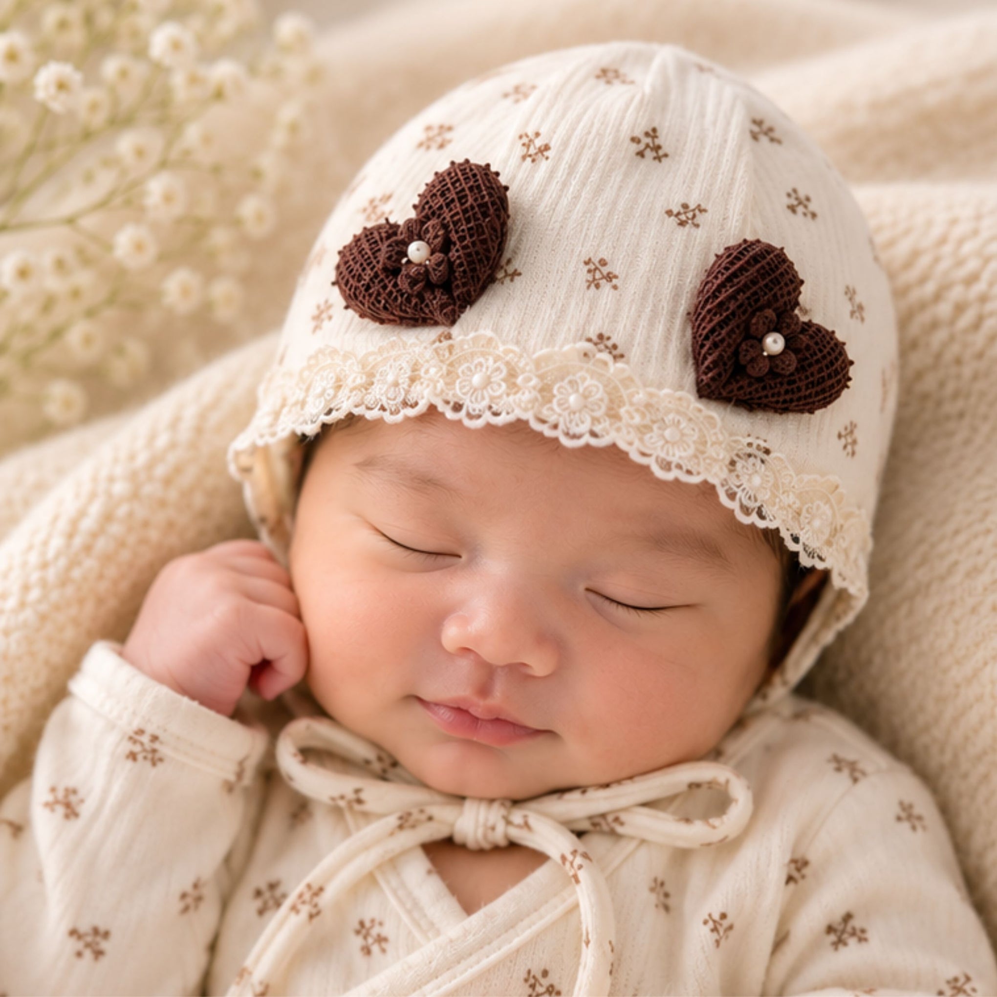 Smile Baby Baby Girls Lace Bonnet Cap with Heart Appliqué | Soft Cotton Newborn Hat | Adjustable Chin Tie | Cream & Brown Floral Design