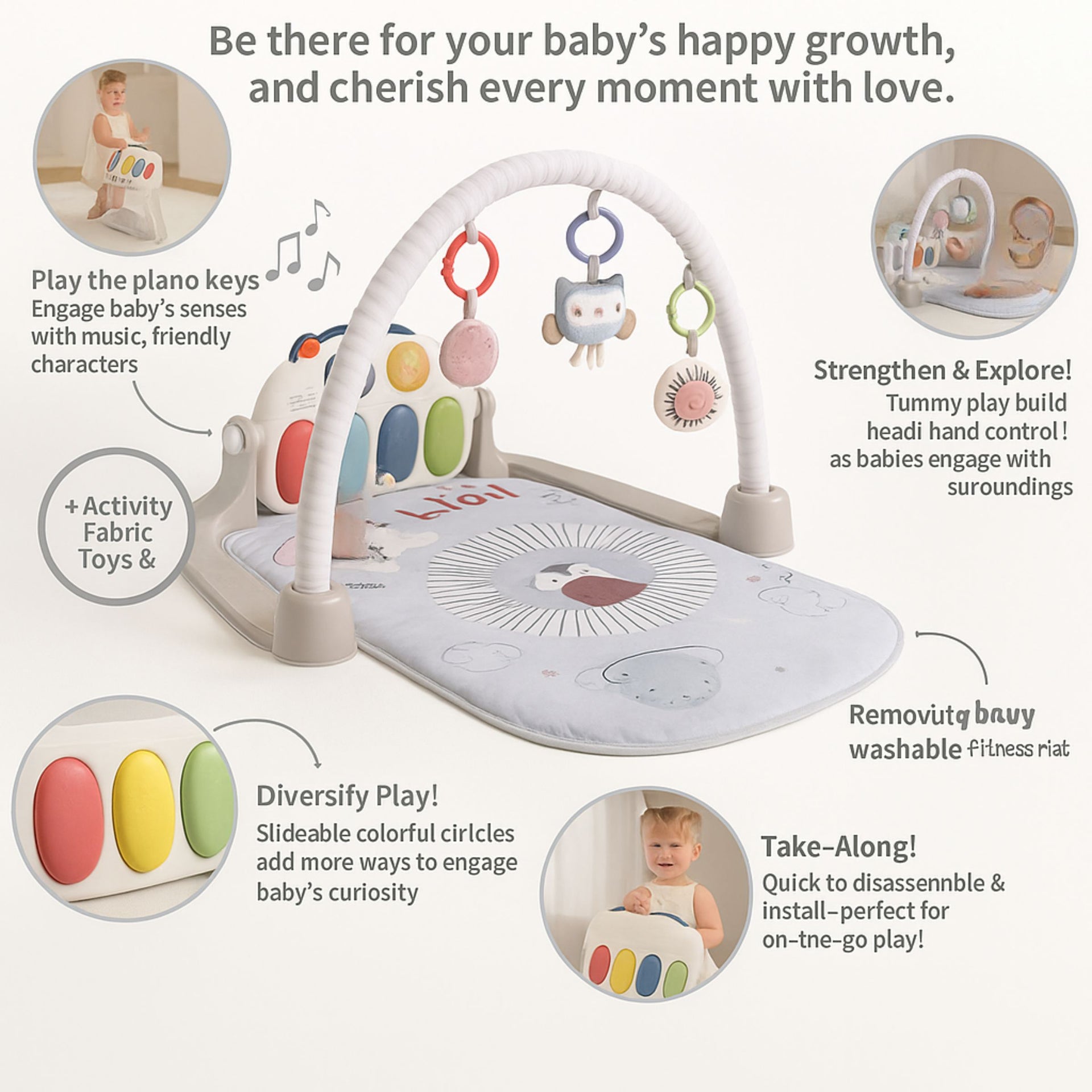 Smile Baby Pedal Piano & Fitness Mat | Musical Activity Gym with Kick Piano, Hanging Toys, Tummy Time Mat, Washable & Portable | 0–36 Months