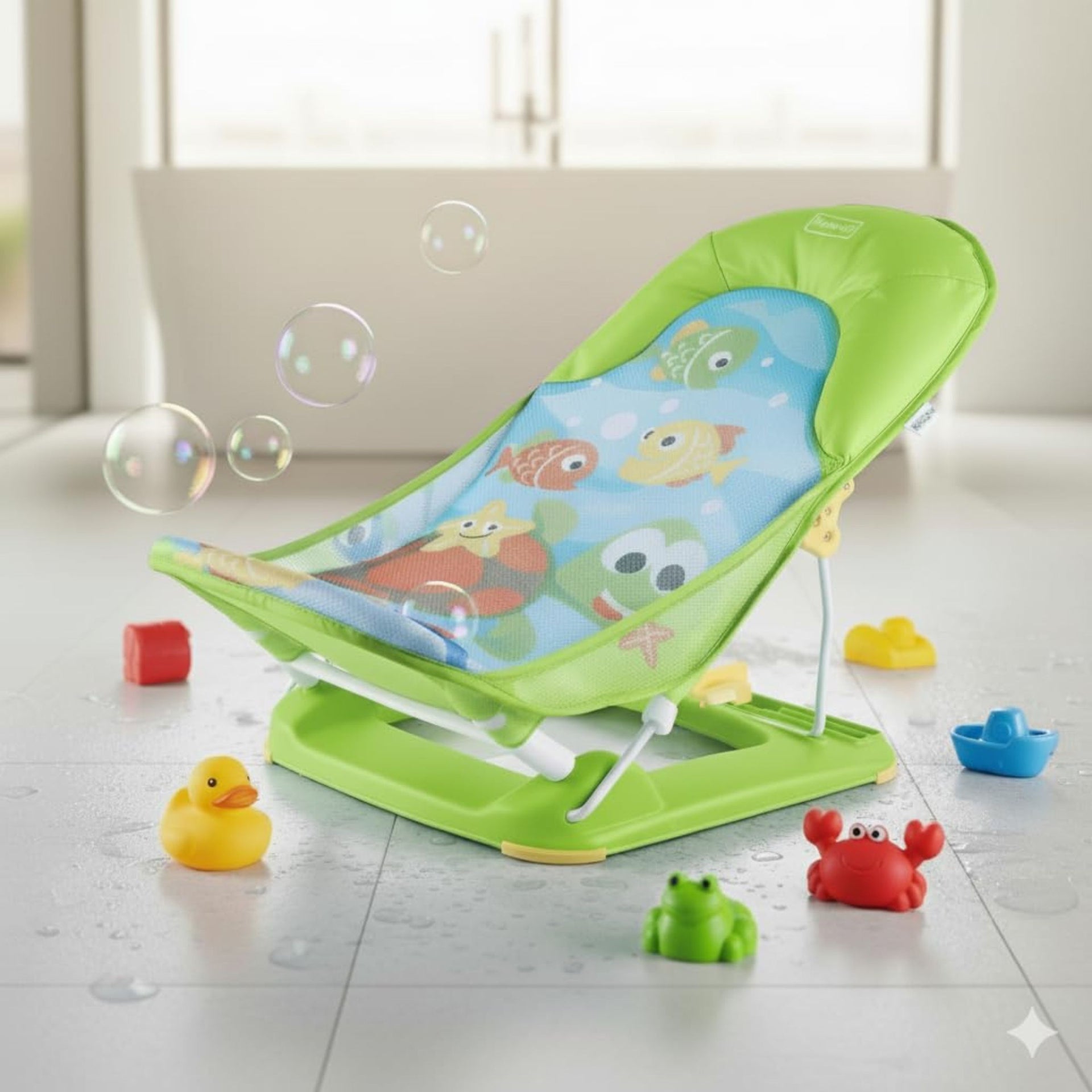 Hopop Anti-Skid Compact Baby Bather | 3-Level Adjustable Backrest | Foldable Baby Bath Seat with Soft Mesh Sling & Head Support Pillow | Newborn to 12 Months