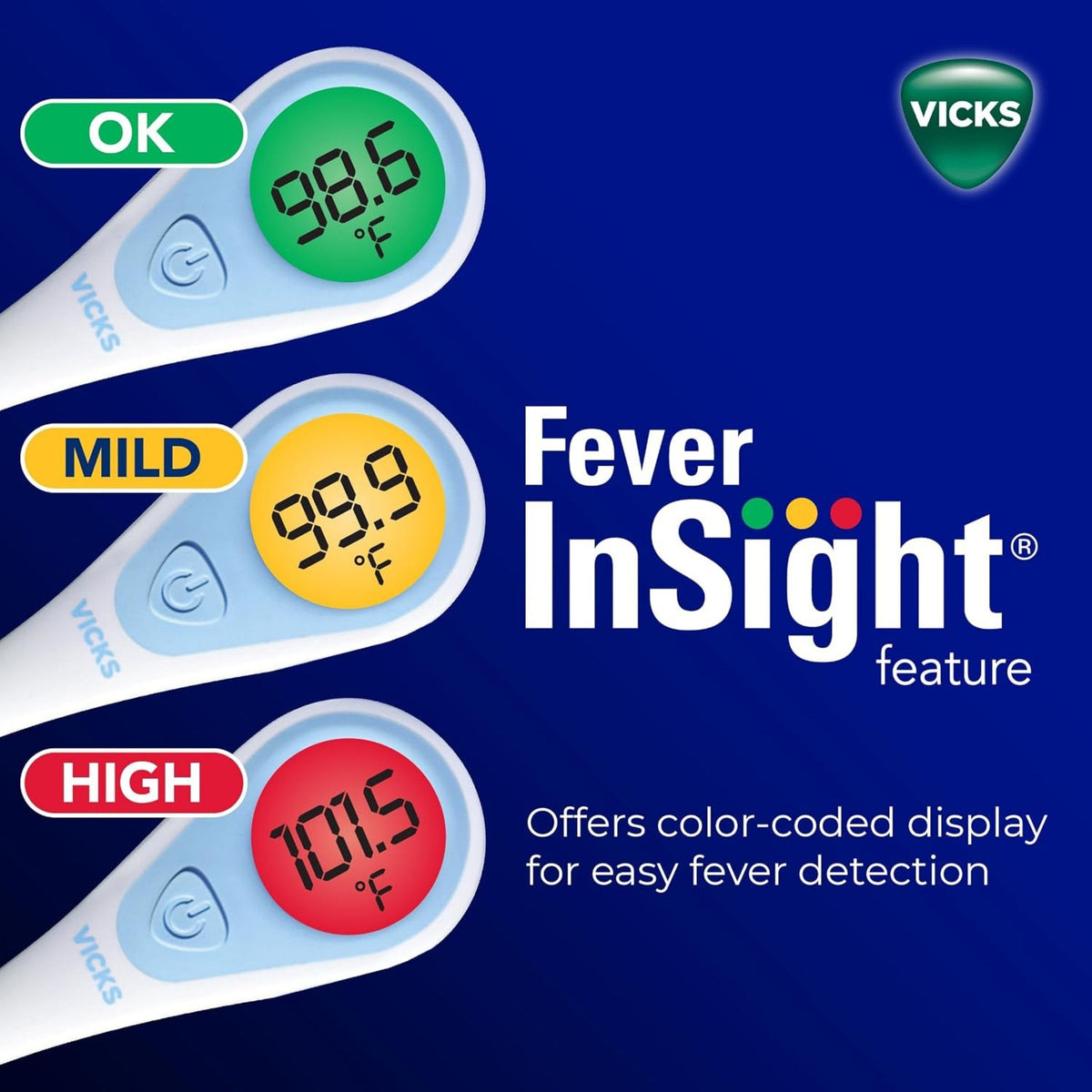 Vicks Fever InSight digital thermometer with green, yellow and red color-coded fever indication display