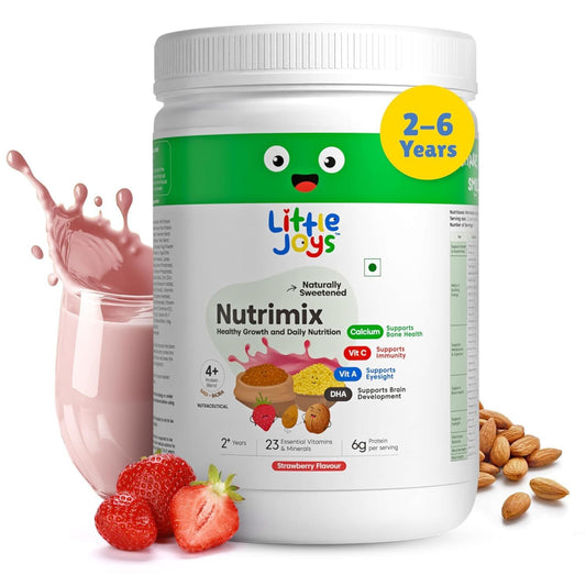 Little Joys Nutrimix Strawberry Flavour Health Drink Powder for Kids (2+ Years & 7+ Years) | 23 Essential Vitamins & Minerals | Protein-Rich Nutrition | Calcium, DHA, Vitamin A & C | Naturally Sweetened | Strawberry health drink for kids