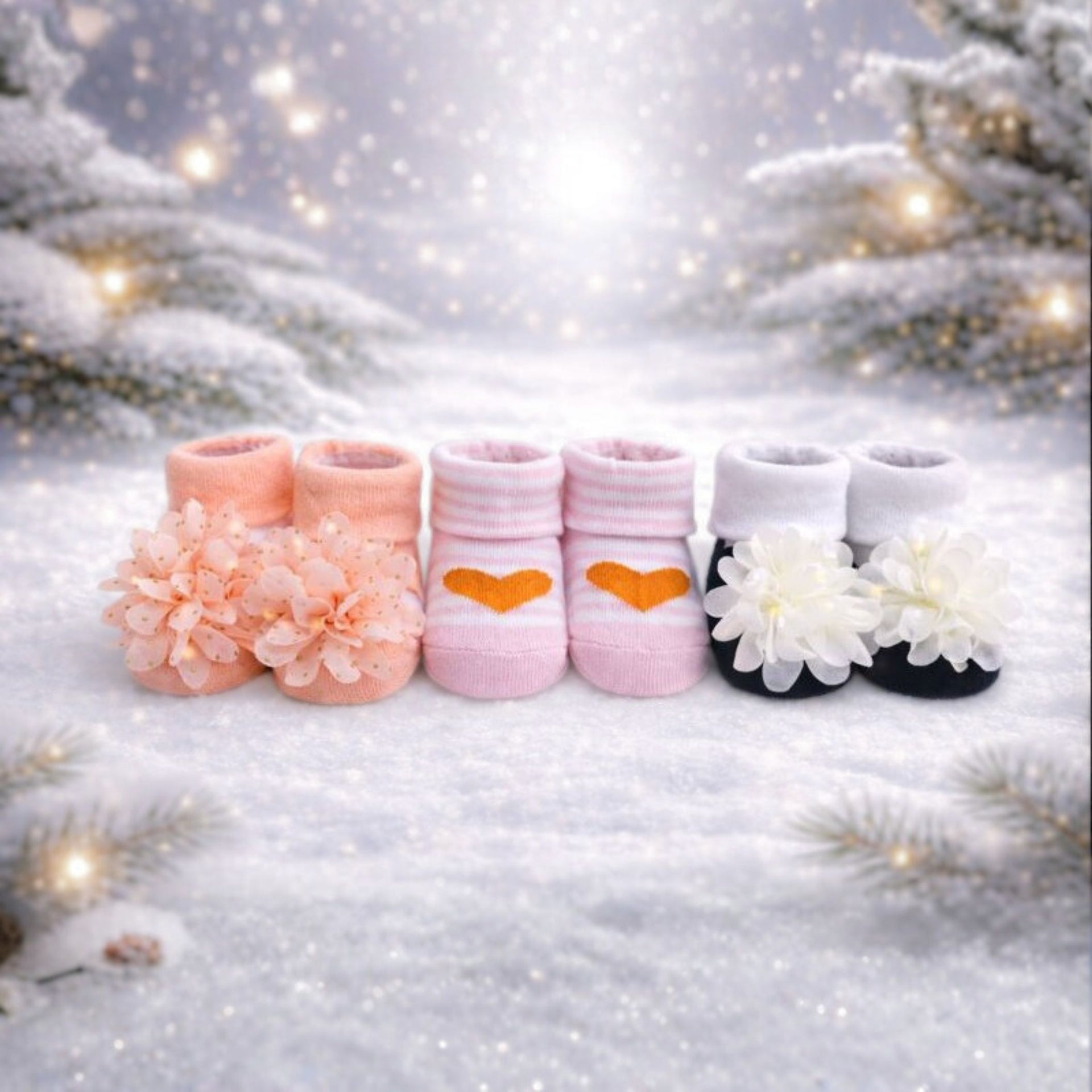 Baby Girl Cotton Socks Set | Soft & Warm Winter Socks with Flower & Heart Designs | 0–12 Months | Pack of 3 Pairs