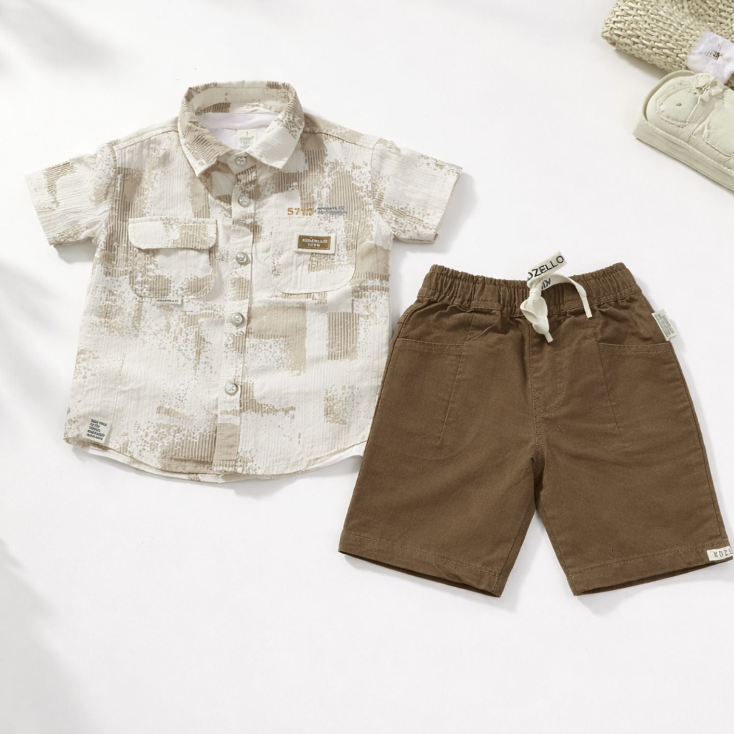 KIDZELLO Boys Premium Printed Shirt & Shorts Set – Soft Cotton Summer Outfit (6M–36M),available color options - Brown, Olive