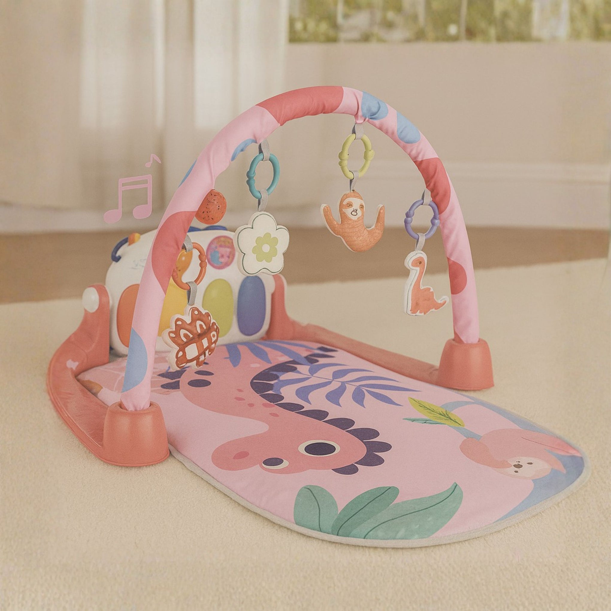 Smile Baby Pedal Piano & Fitness Mat | Pink Dinosaur Theme | Musical Kick Piano, Hanging Sensory Toys, Soft Washable Mat, Tummy Time Gym for Newborn to 36 Months