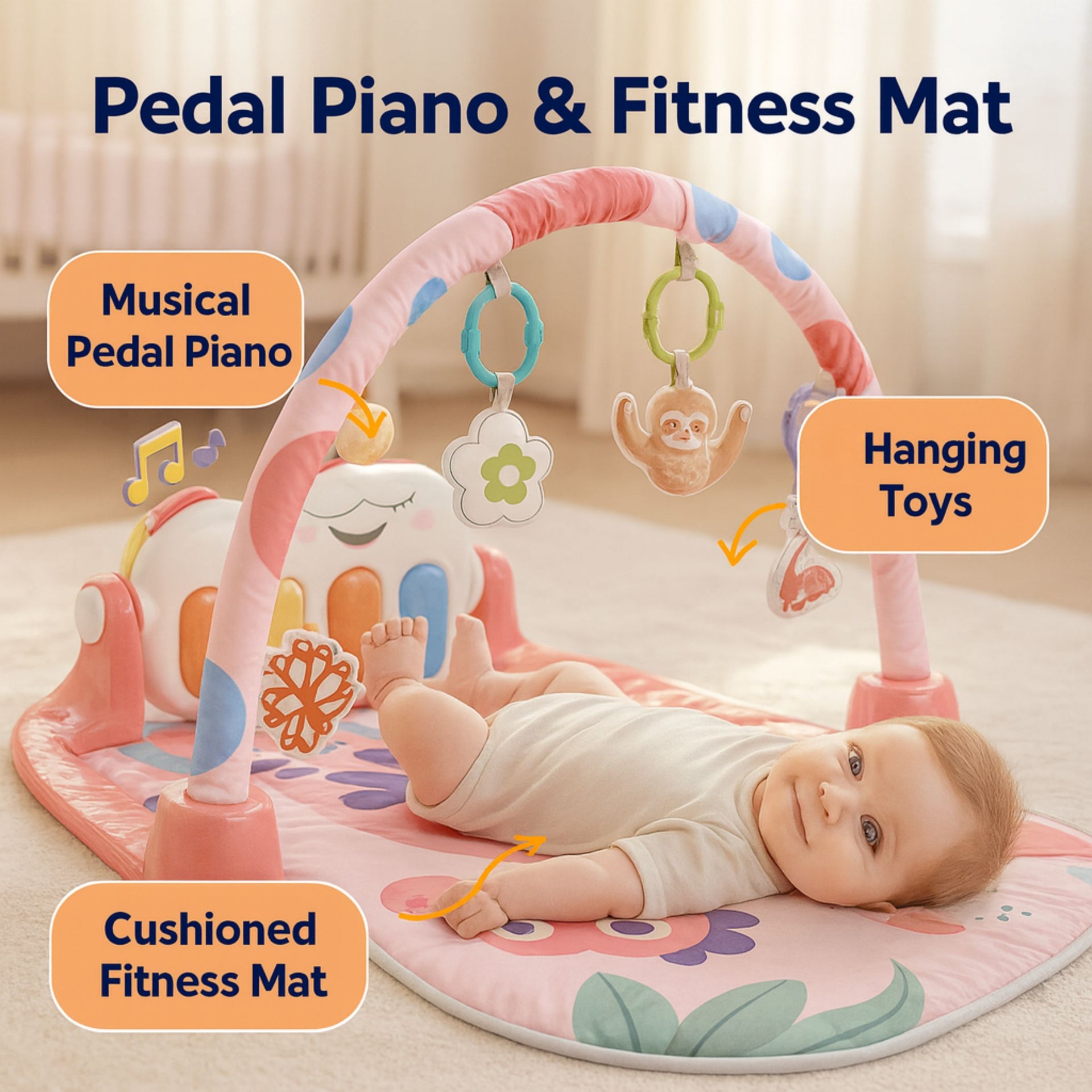 Smile Baby Pedal Piano & Fitness Mat | Pink Dinosaur Theme | Musical Kick Piano, Hanging Sensory Toys, Soft Washable Mat, Tummy Time Gym for Newborn to 36 Months