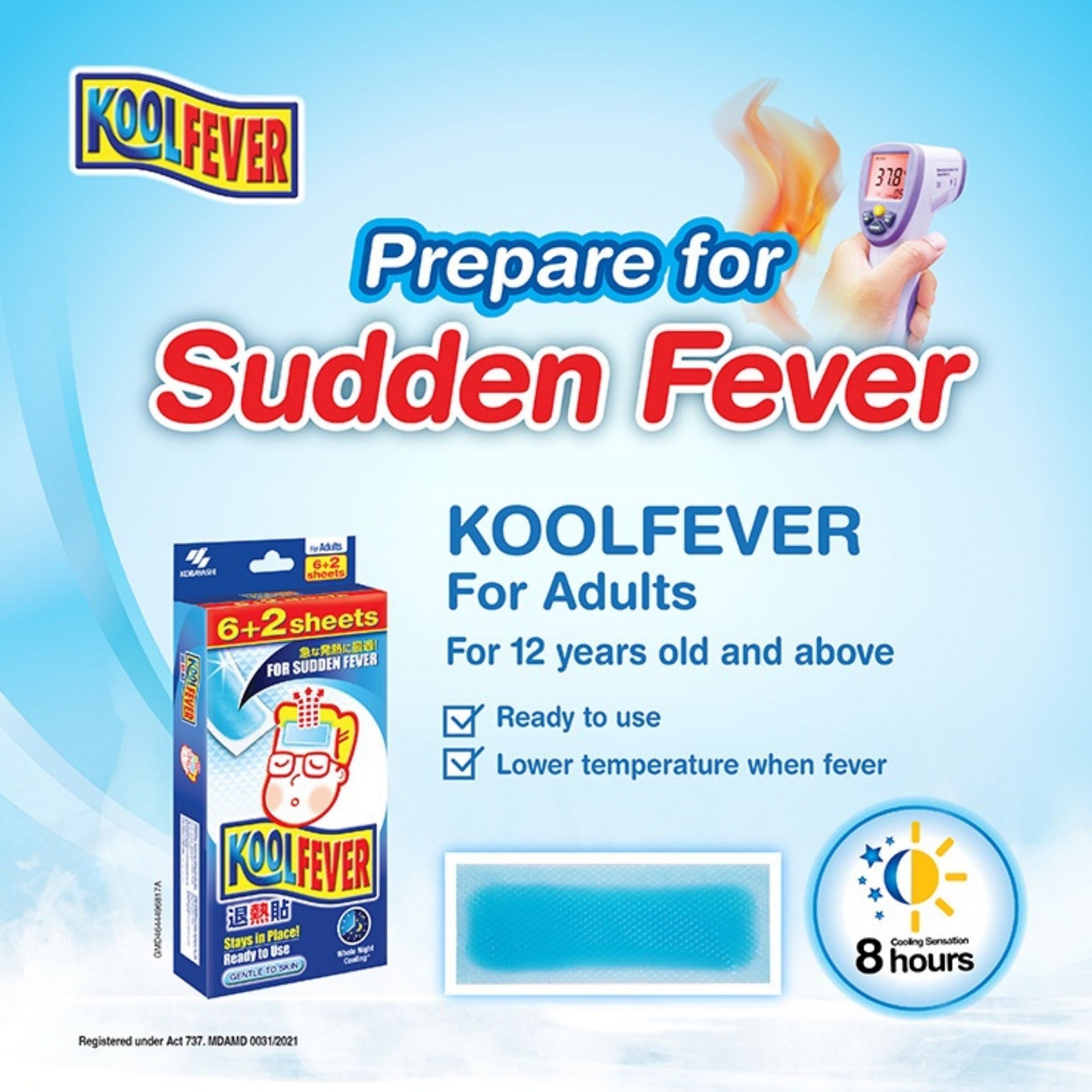 KoolFever cooling gel sheets for adults aged 12 years and above with ready-to-use application, forehead cooling sheet and up to 8 hours cooling sensation.