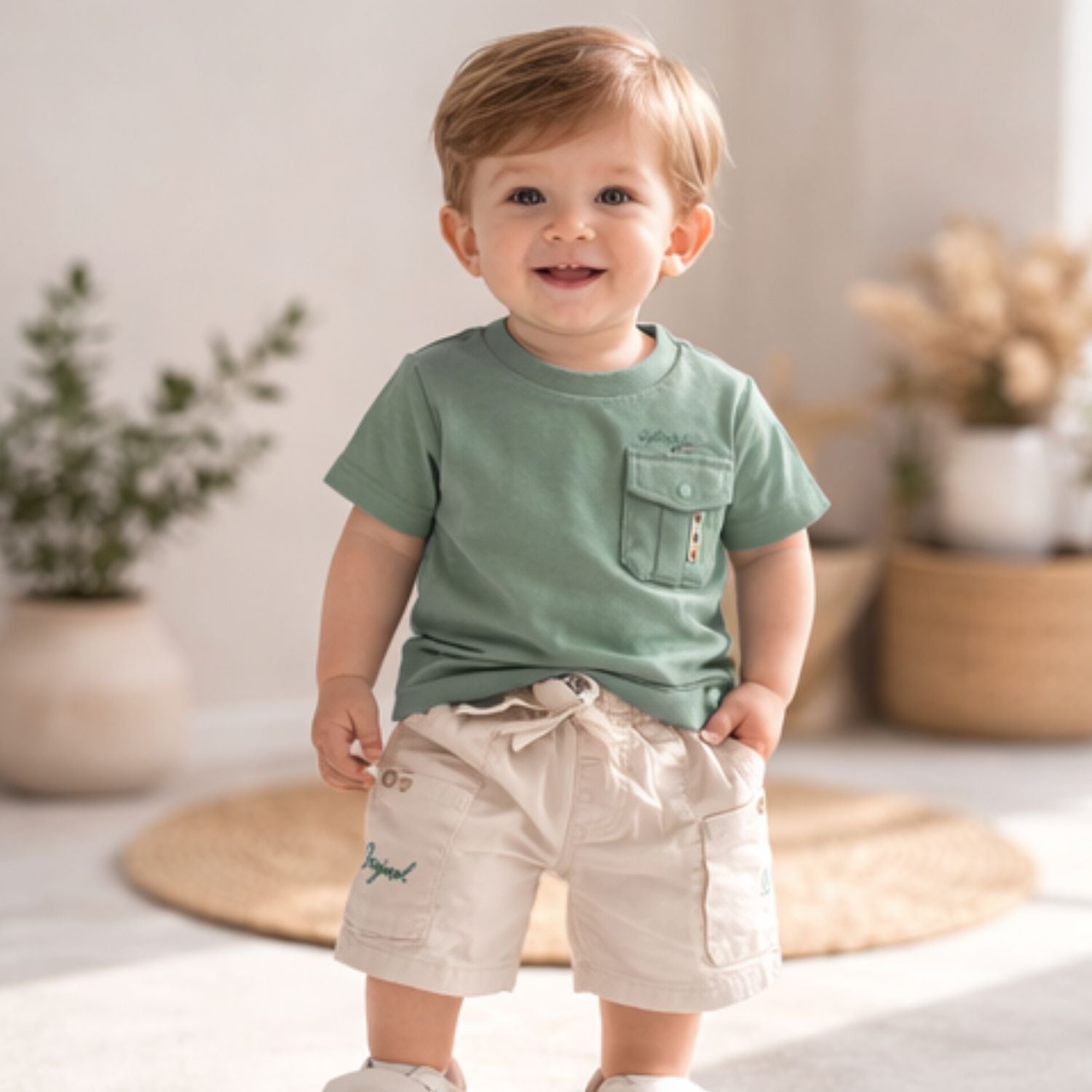 KIDZELLO Original Boys Co-Ord Set – Sage Green T-Shirt & Beige Cargo Shorts | 6 Months to 3 Years