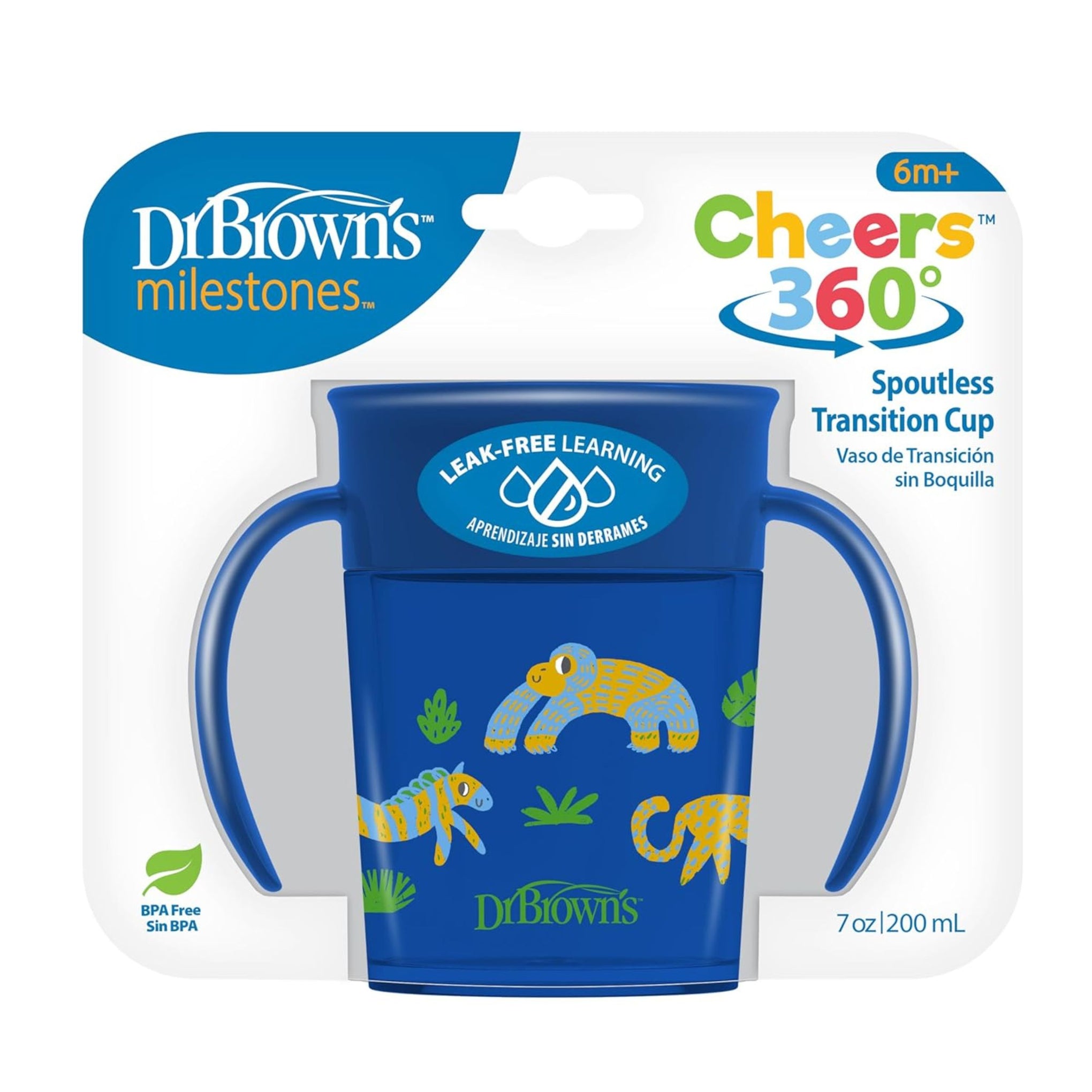 Dr. Brown's Milestones Cheers 360° Spoutless Transition Cup with Sip & See Clear Valve, Leak-Free Toddler Training Cup, BPA-Free, Dual Handles, 200ml (7oz), 6 Months+