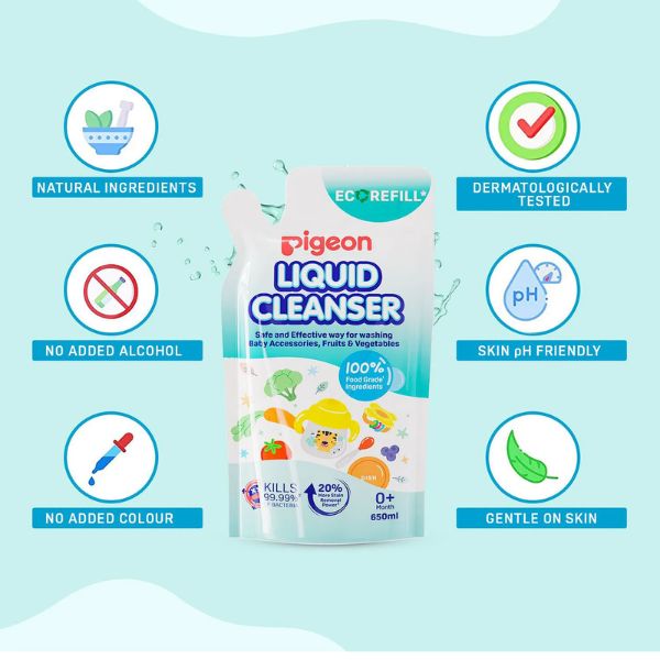Pigeon Liquid Cleanser Eco Refill Pack | Baby Bottle, Accessories, Fruits & Vegetable Wash | Food Grade Ingredients | Dermatologically Tested | Skin pH Friendly | 650ml