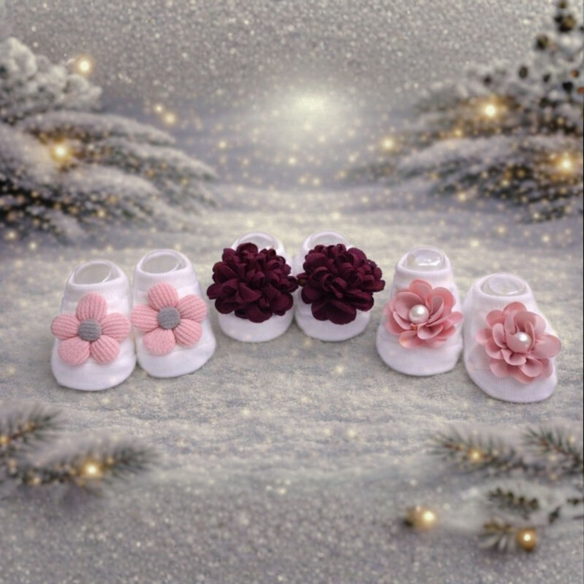 Baby Girl Cotton Socks Set | Soft Floral Design Socks | Comfortable & Stylish | 0–12 Months | Pack of 3 Pairs