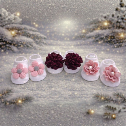 Baby Girl Cotton Socks Set | Soft Floral Design Socks | Comfortable & Stylish | 0–12 Months | Pack of 3 Pairs