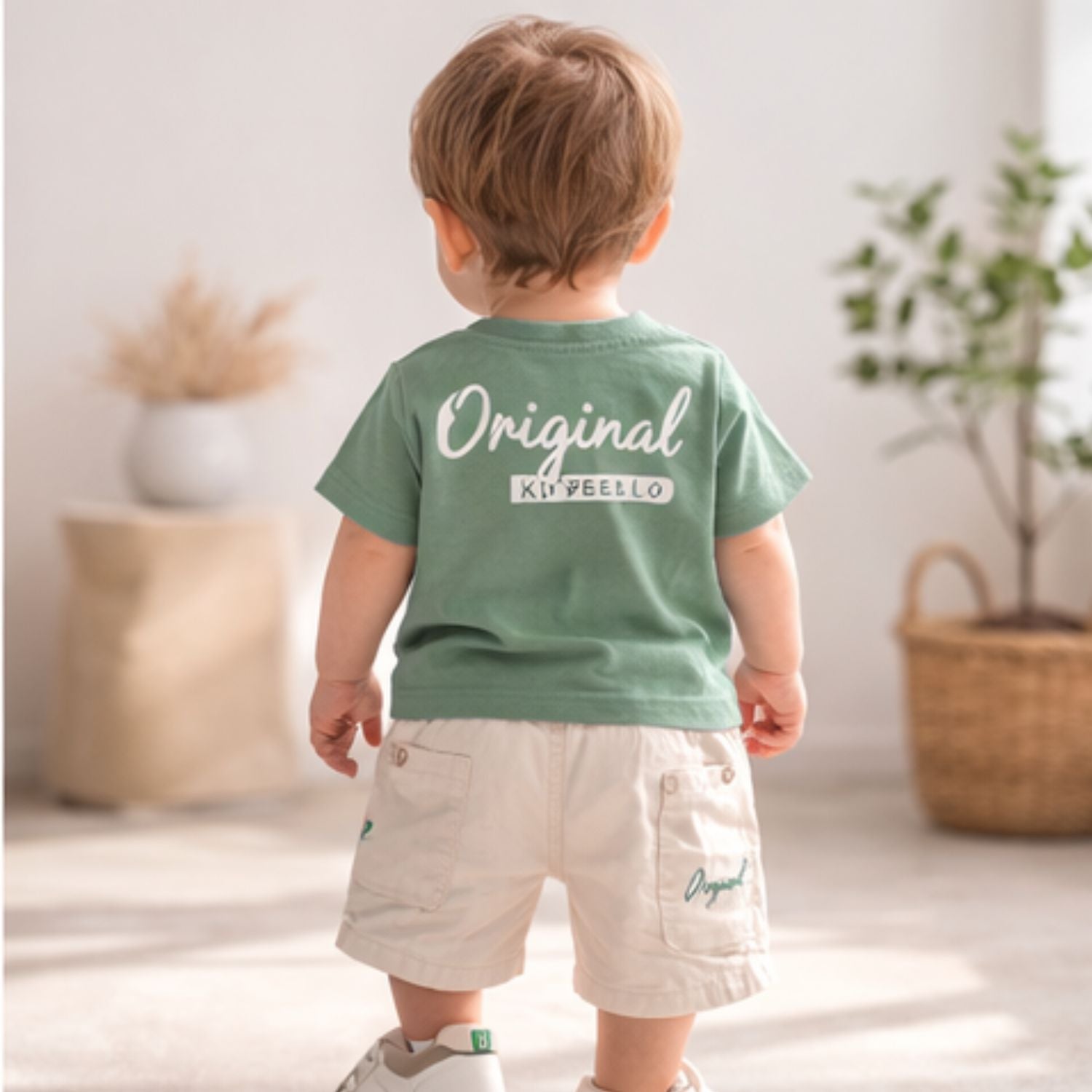 KIDZELLO Original Boys Co-Ord Set – Sage Green T-Shirt & Beige Cargo Shorts | 6 Months to 3 Years