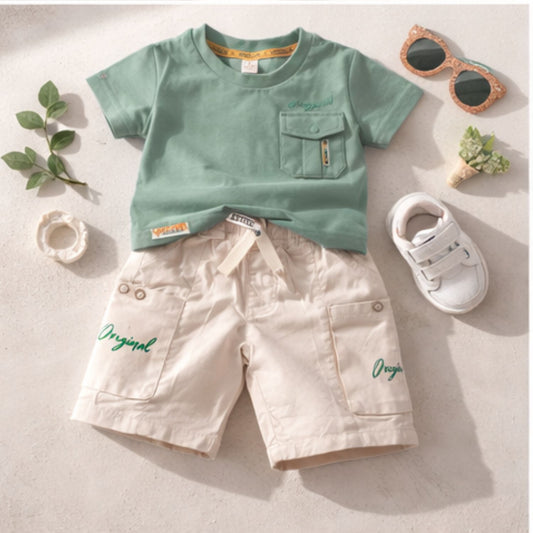 KIDZELLO Original Boys Co-Ord Set – Sage Green T-Shirt & Beige Cargo Shorts | 6 Months to 3 Years